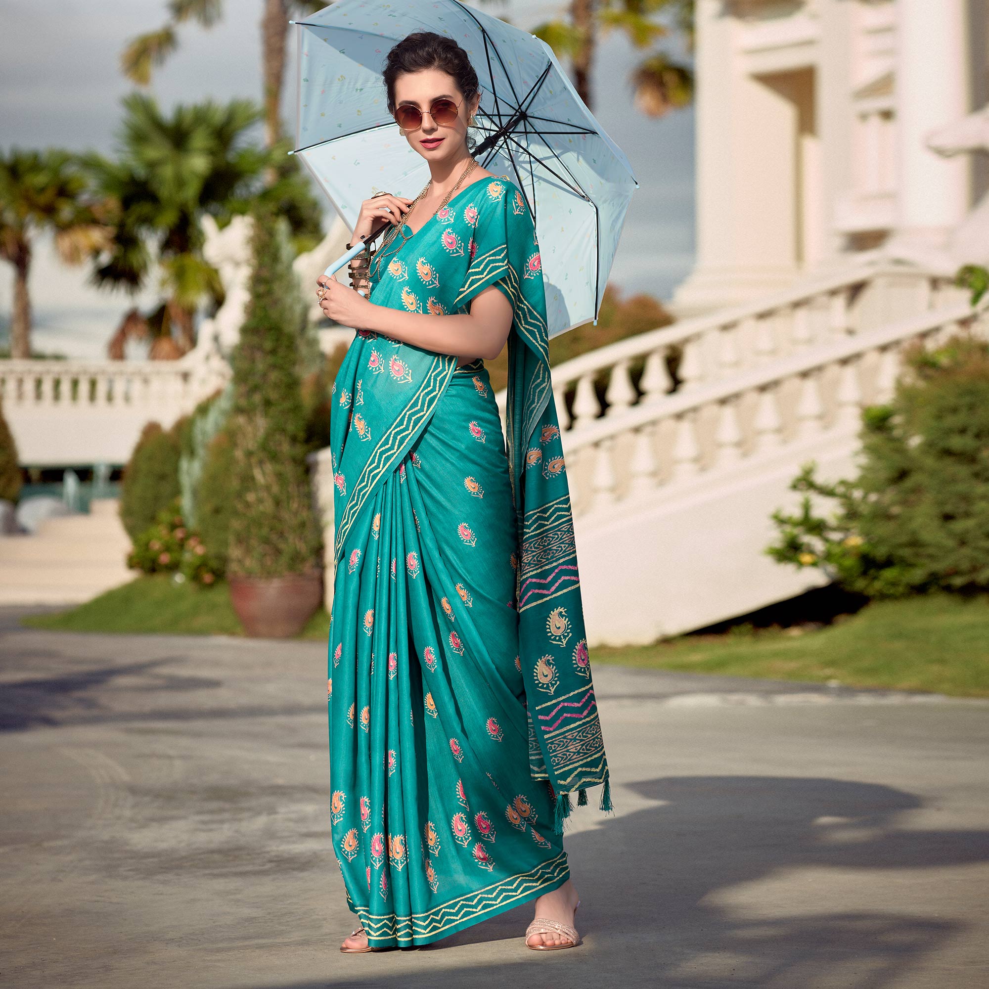 Rama Blue Printed Mul Pure Silk Saree