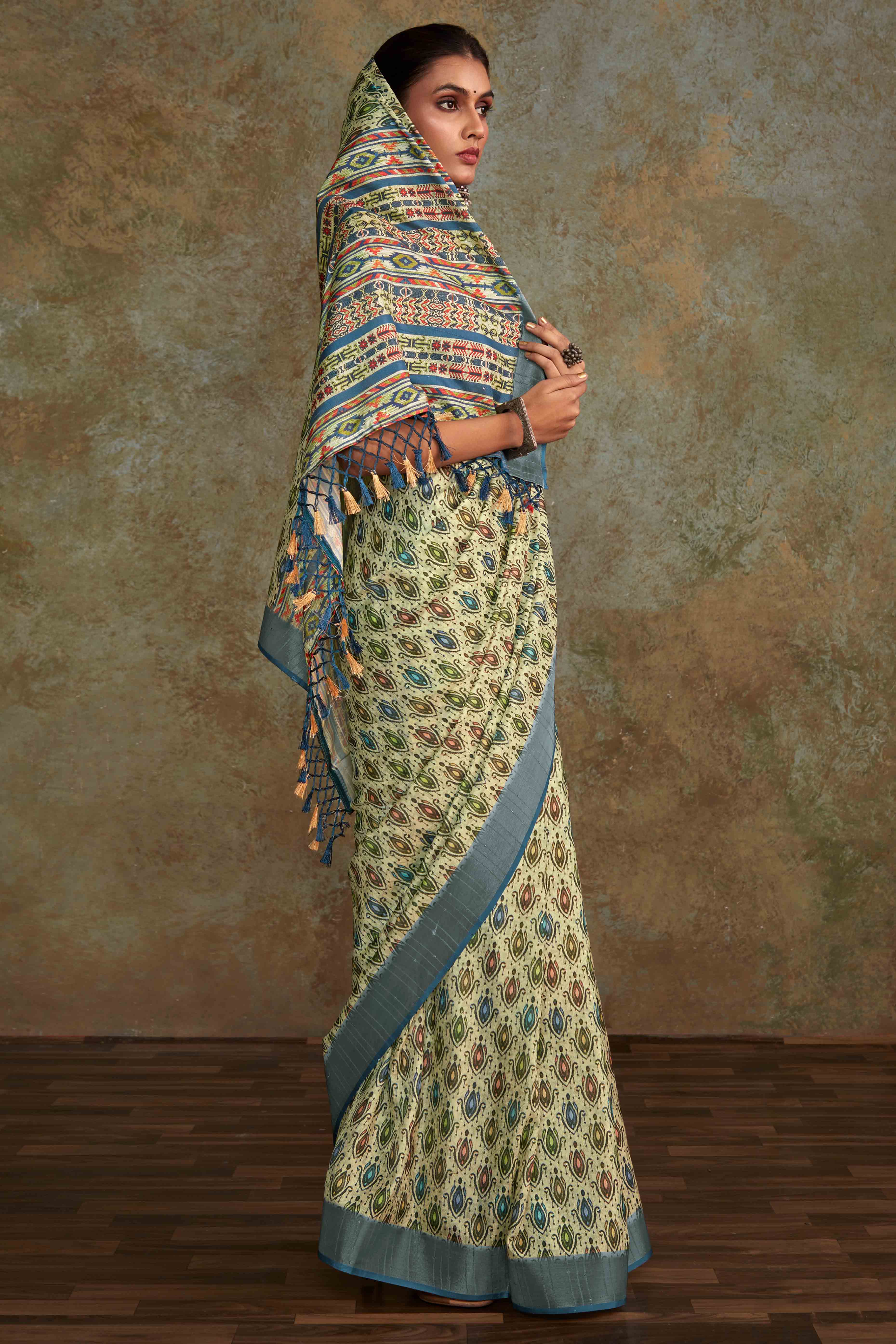 Green Floral Printed Cotton Silk Saree