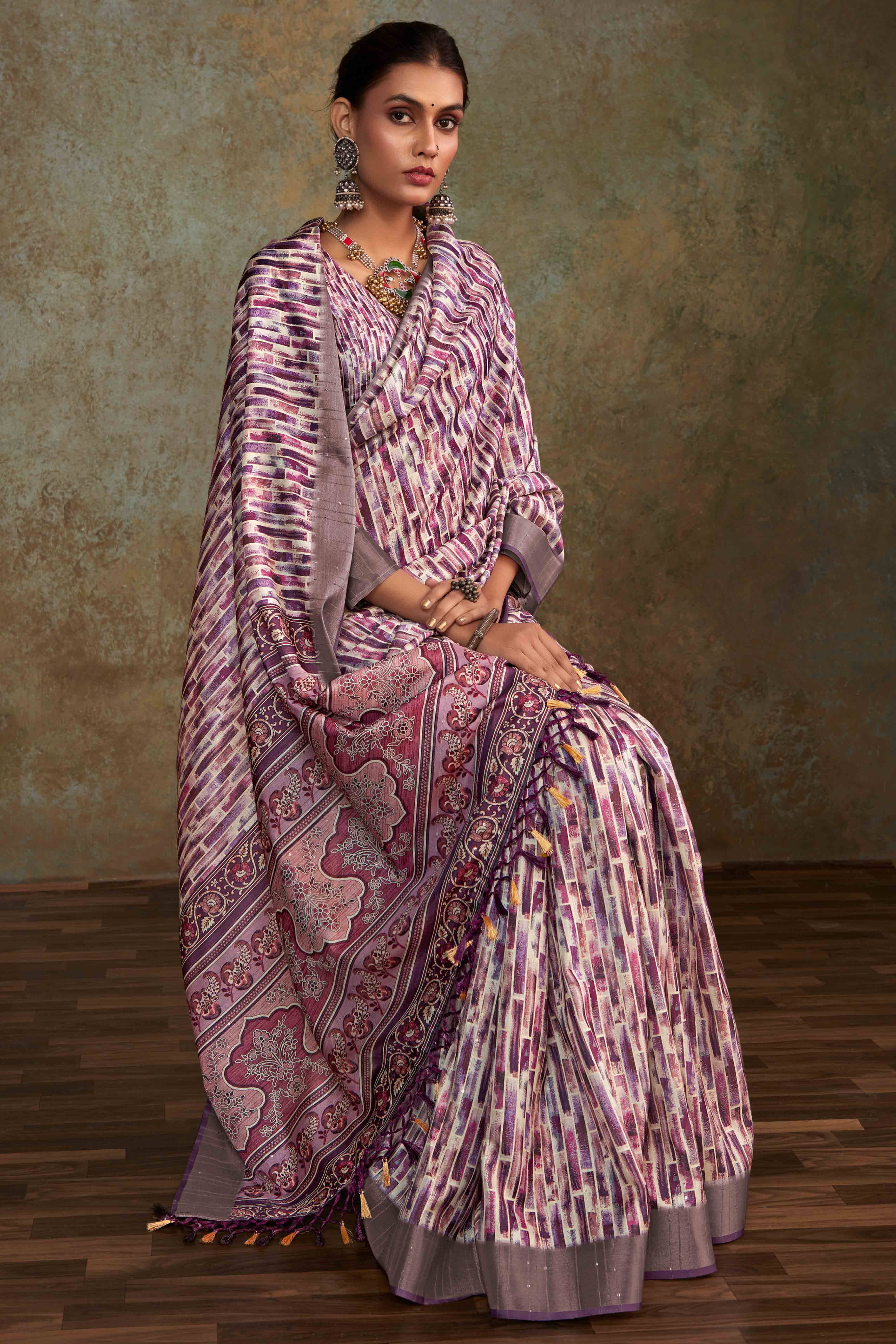 Purple Geometric Printed Cotton Silk Saree