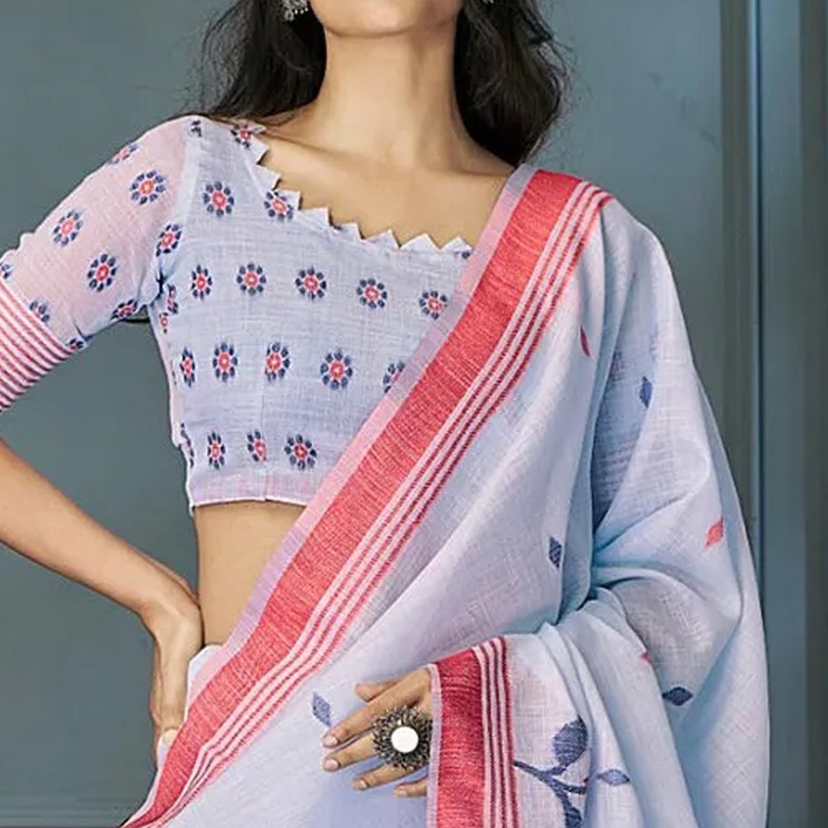 Blue Floral Woven linen Saree