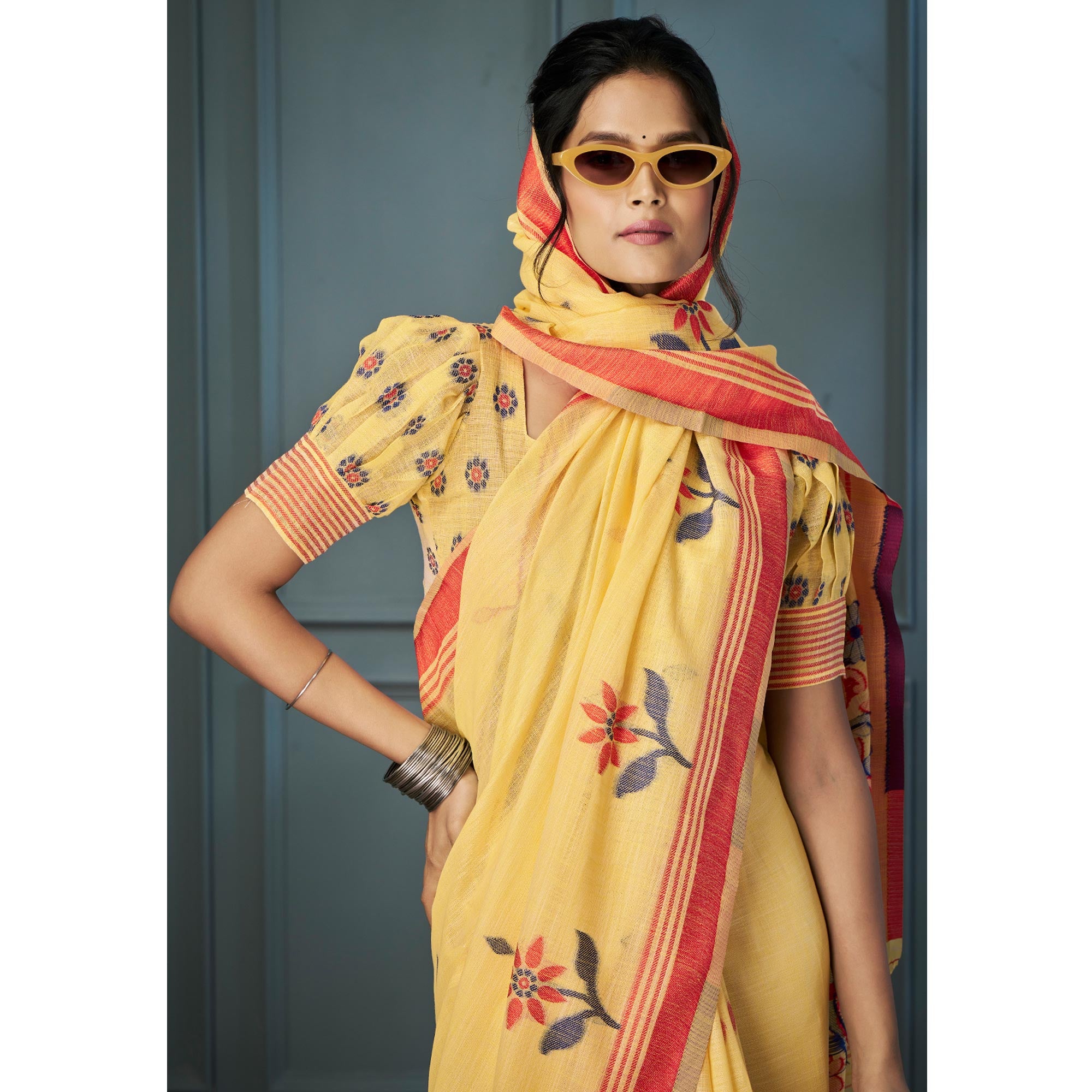 Yellow Floral Woven linen Saree