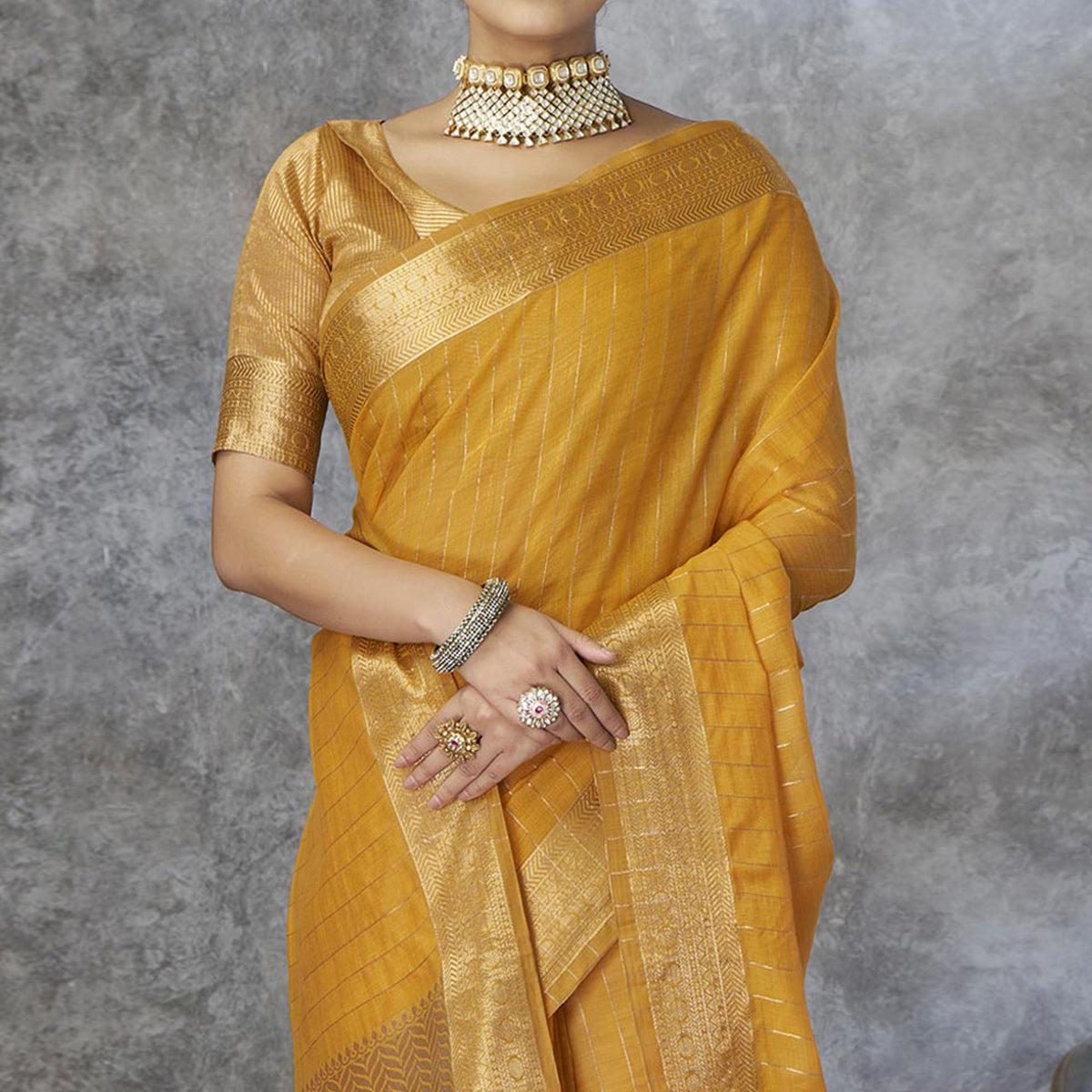 Mustard Woven Cotton Silk Saree With Tassels