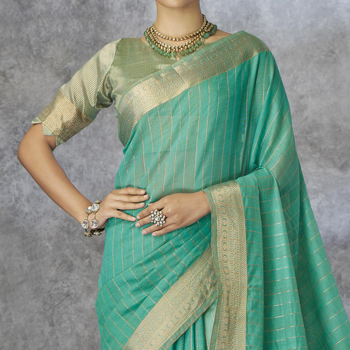 Turquoise Woven Cotton Silk Saree With Tassels