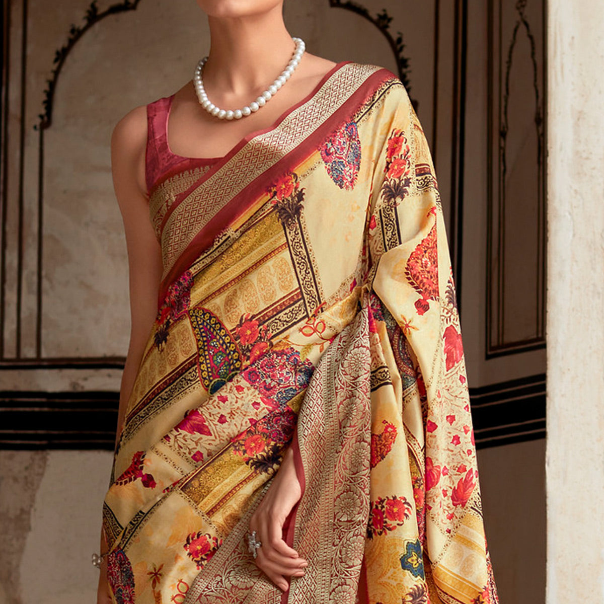 Yellow & Red Printed Dola Silk Saree