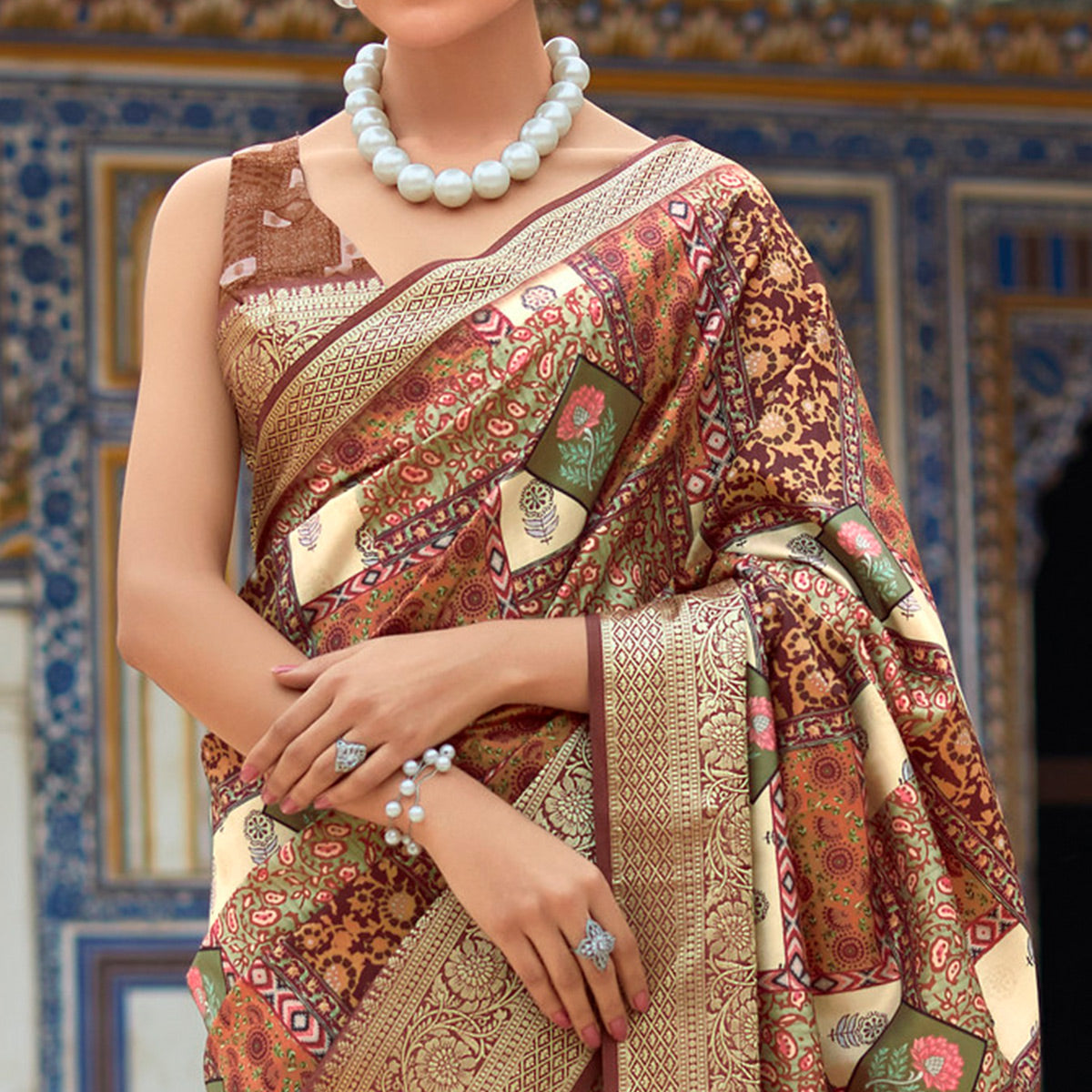 Brown Printed Dola Silk Saree