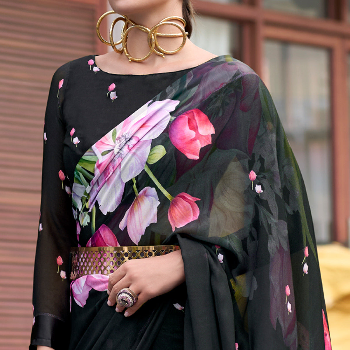 Black Floral Printed Georgette Saree