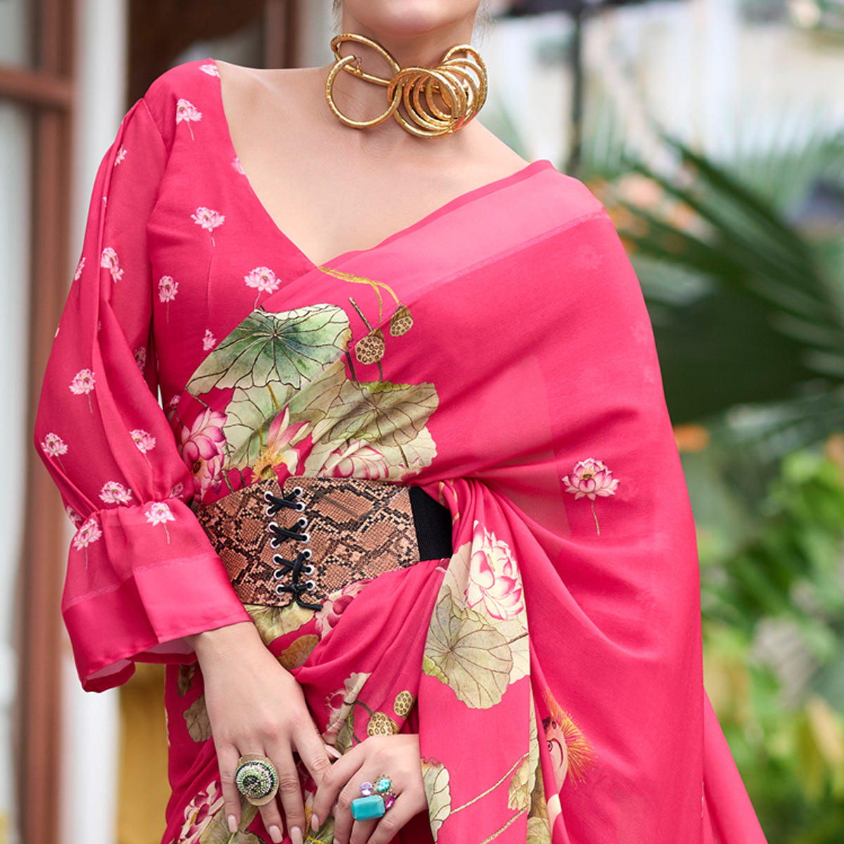 Pink Floral Printed Georgette Saree