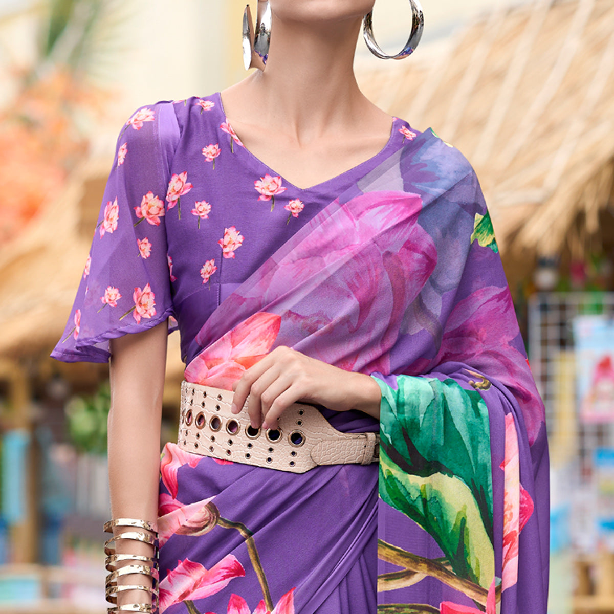 Lavender Floral Printed Georgette Saree