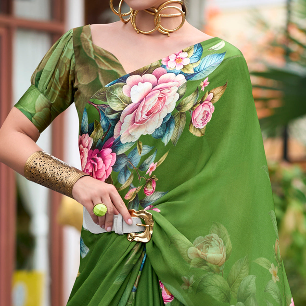 Green Floral Printed Georgette Saree