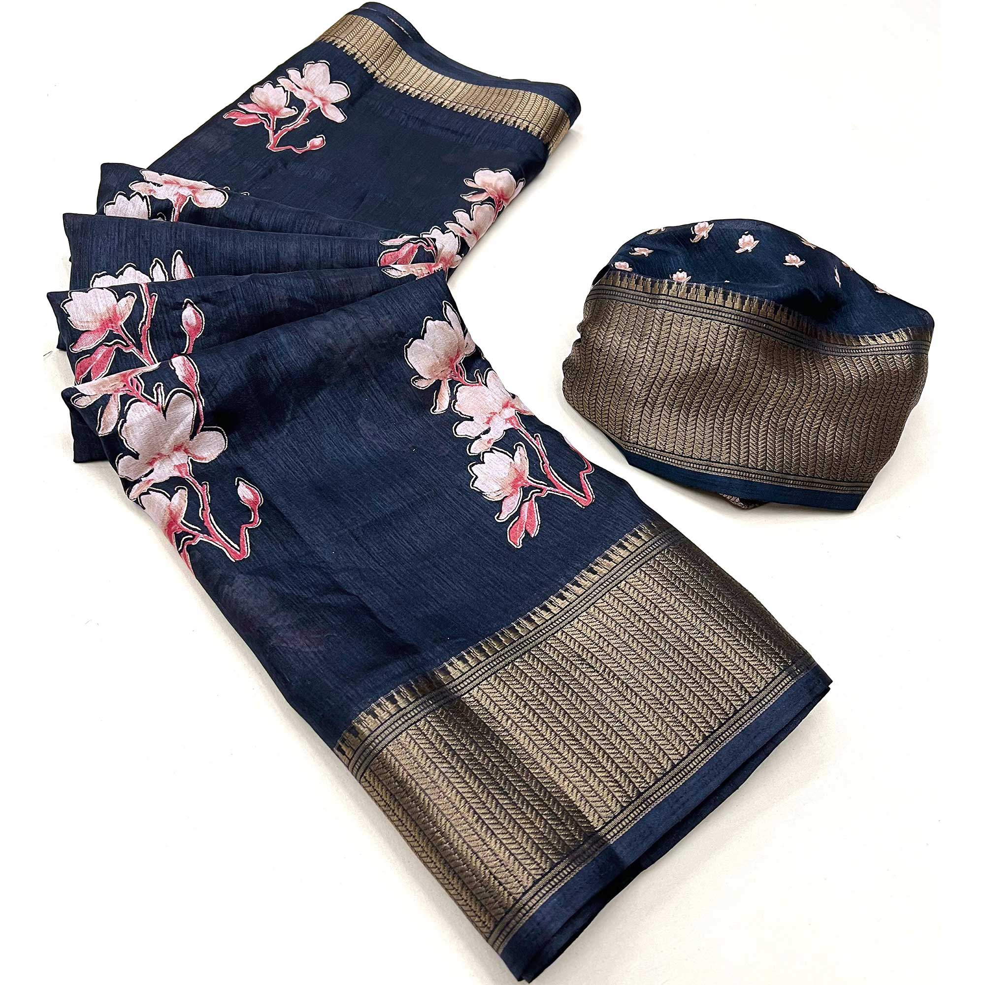 Blue Floral Foil Printed Dola Silk Saree With Jacquard Border