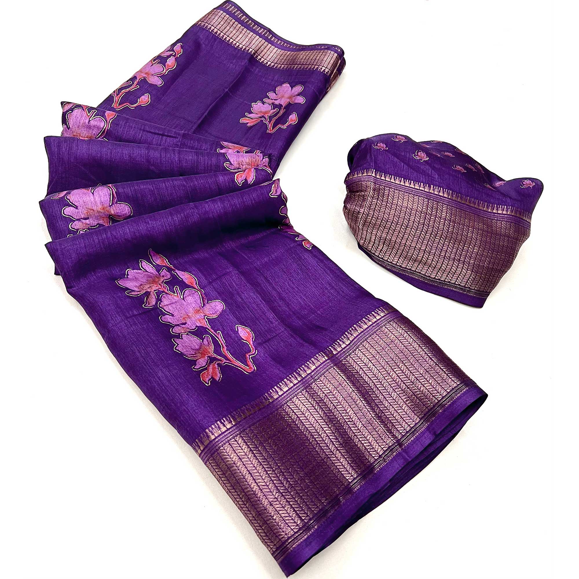 Purple Floral Foil Printed Dola Silk Saree With Jacquard Border