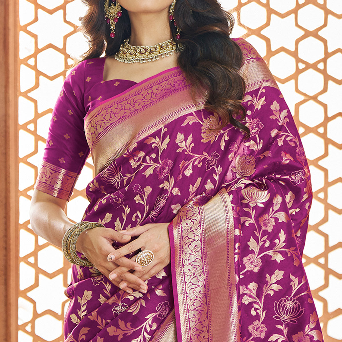 Purple Floral Woven Pure Banarasi Silk Saree