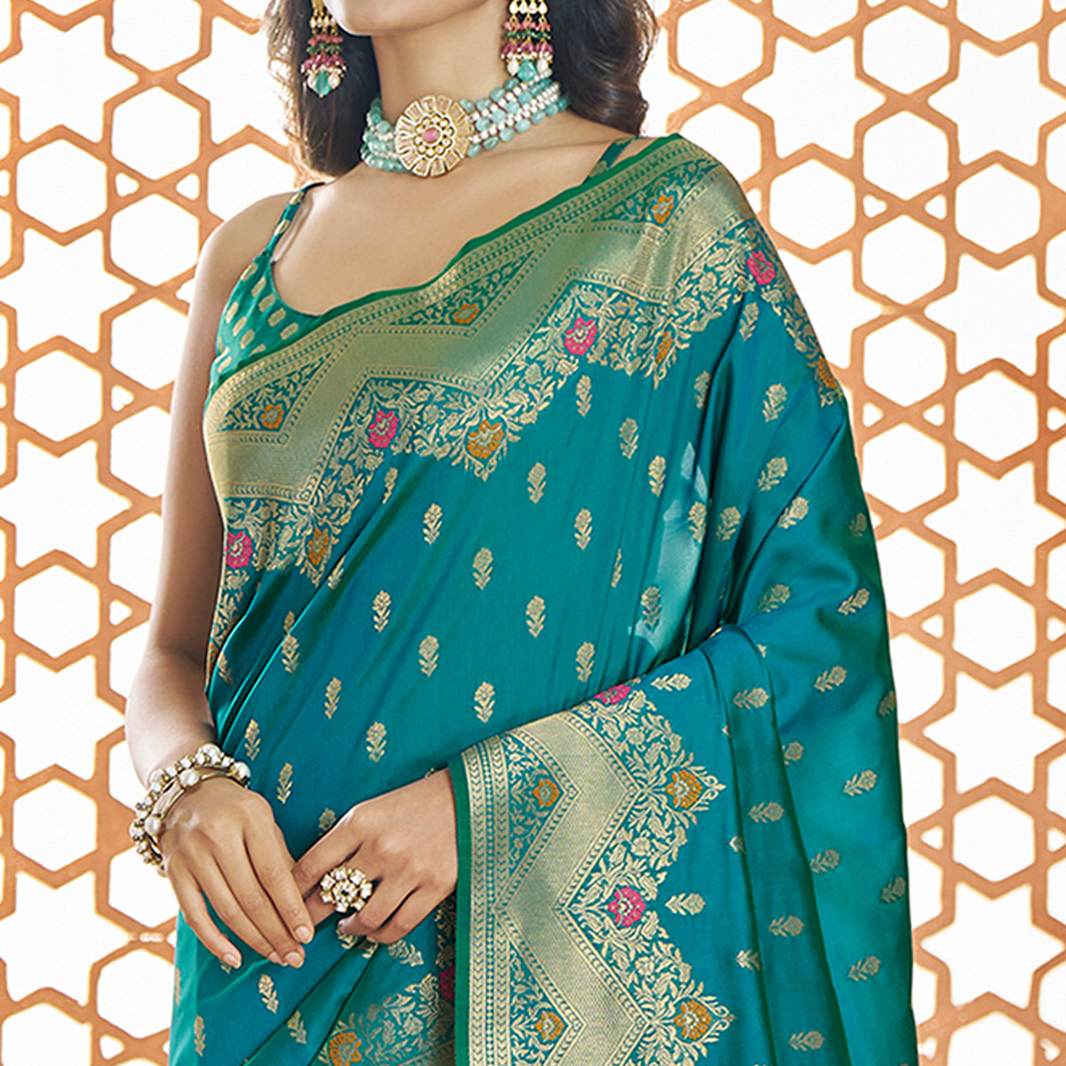 Rama Blue Floral Woven Pure Banarasi Silk Saree