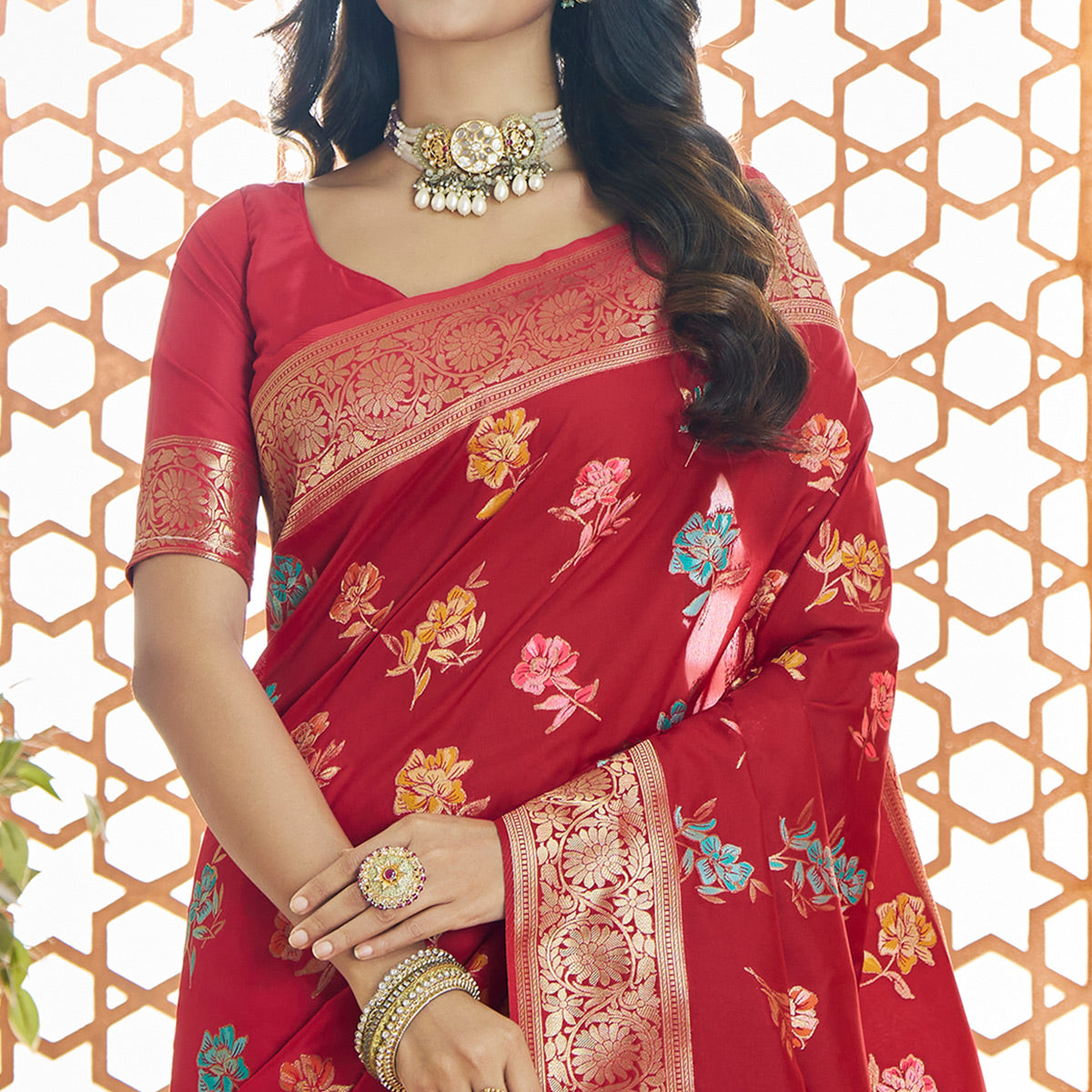 Red Floral Woven Pure Banarasi Silk Saree