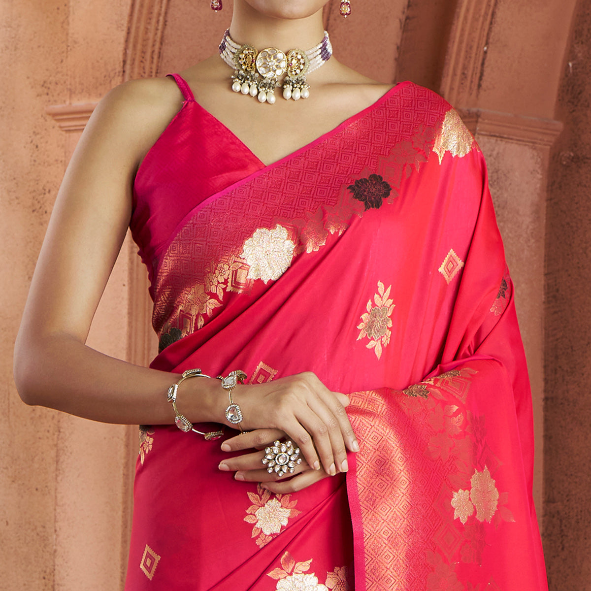 Crimson Red Floral Woven Pure Banarasi Silk Saree