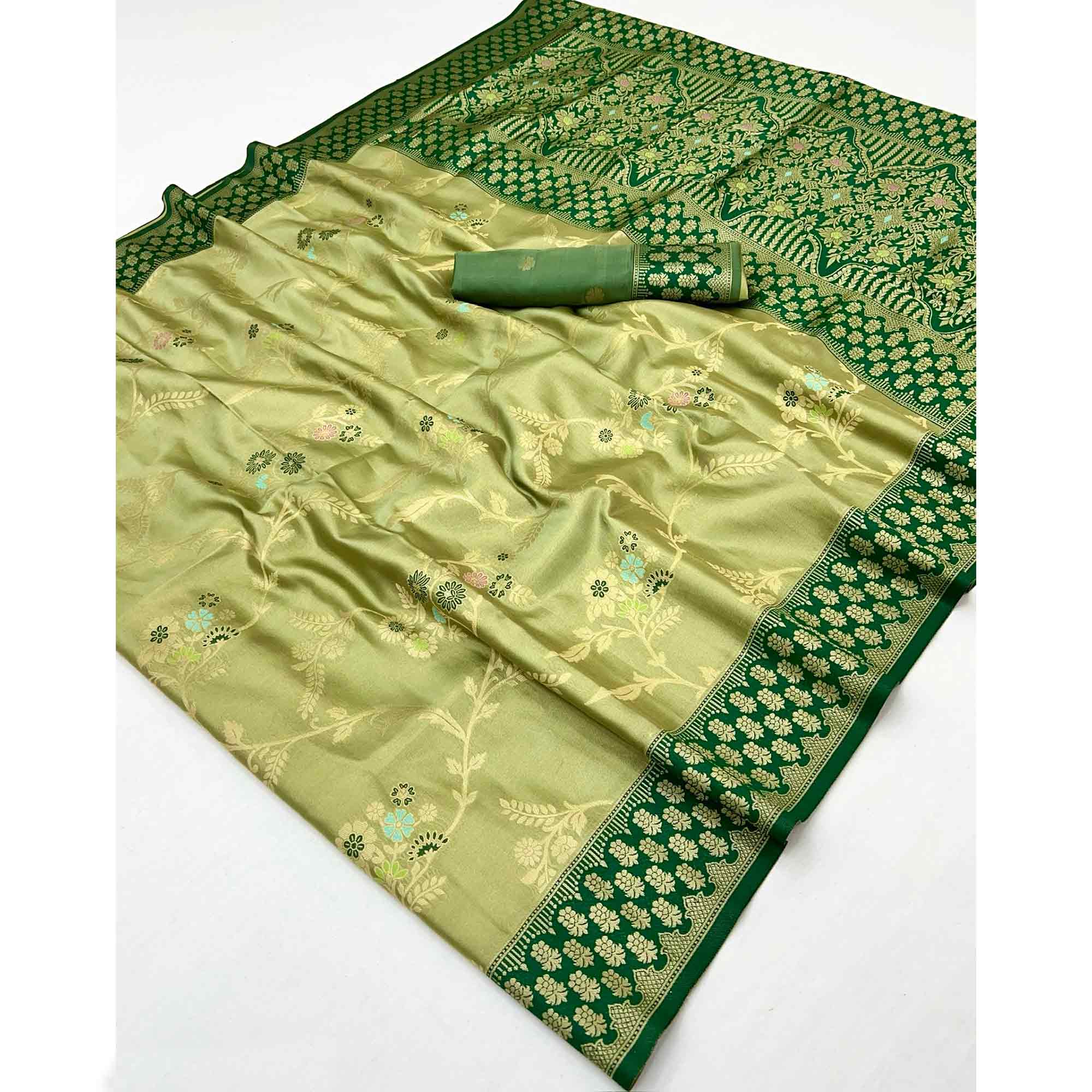 Green Tissue Dharmavaram Silk Saree Adorned with Fine Traditional Minakari Weaving
