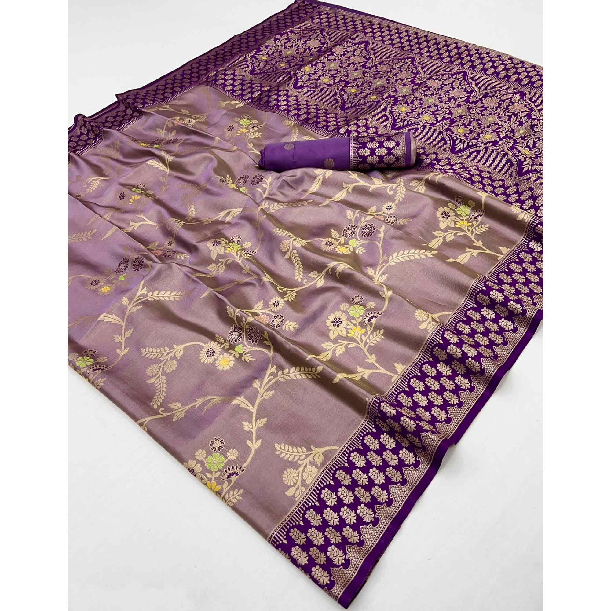 Lavender Tissue Dharmavaram Silk Saree Adorned with Fine Traditional Minakari Weaving