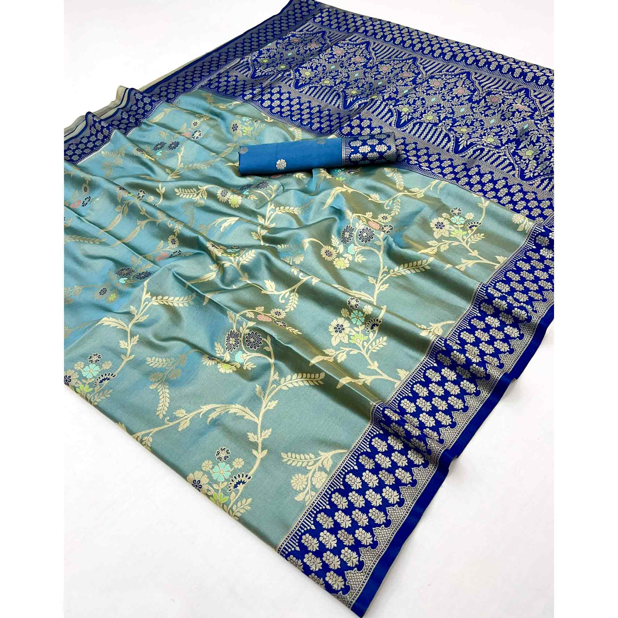 Sea Green Tissue Dharmavaram Silk Saree Adorned with Fine Traditional Minakari Weaving