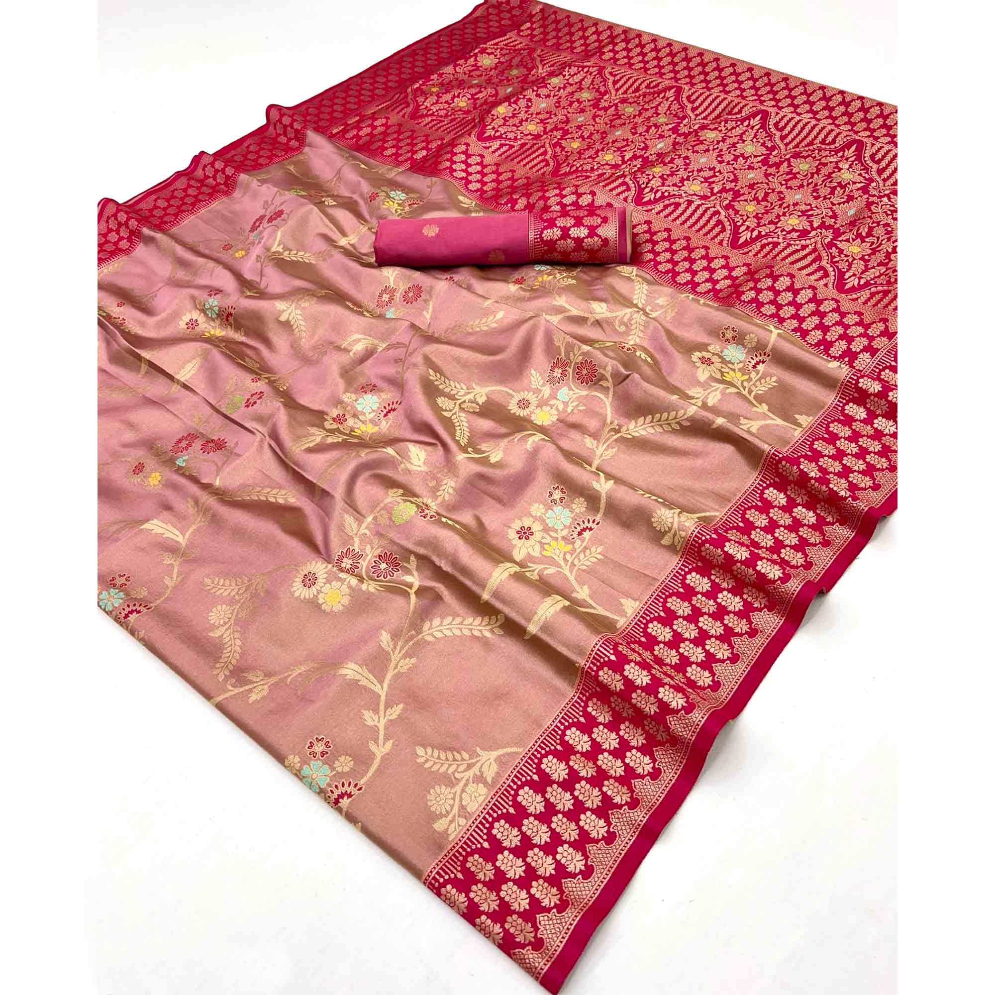 Peach Tissue Dharmavaram Silk Saree Adorned with Fine Traditional Minakari Weaving
