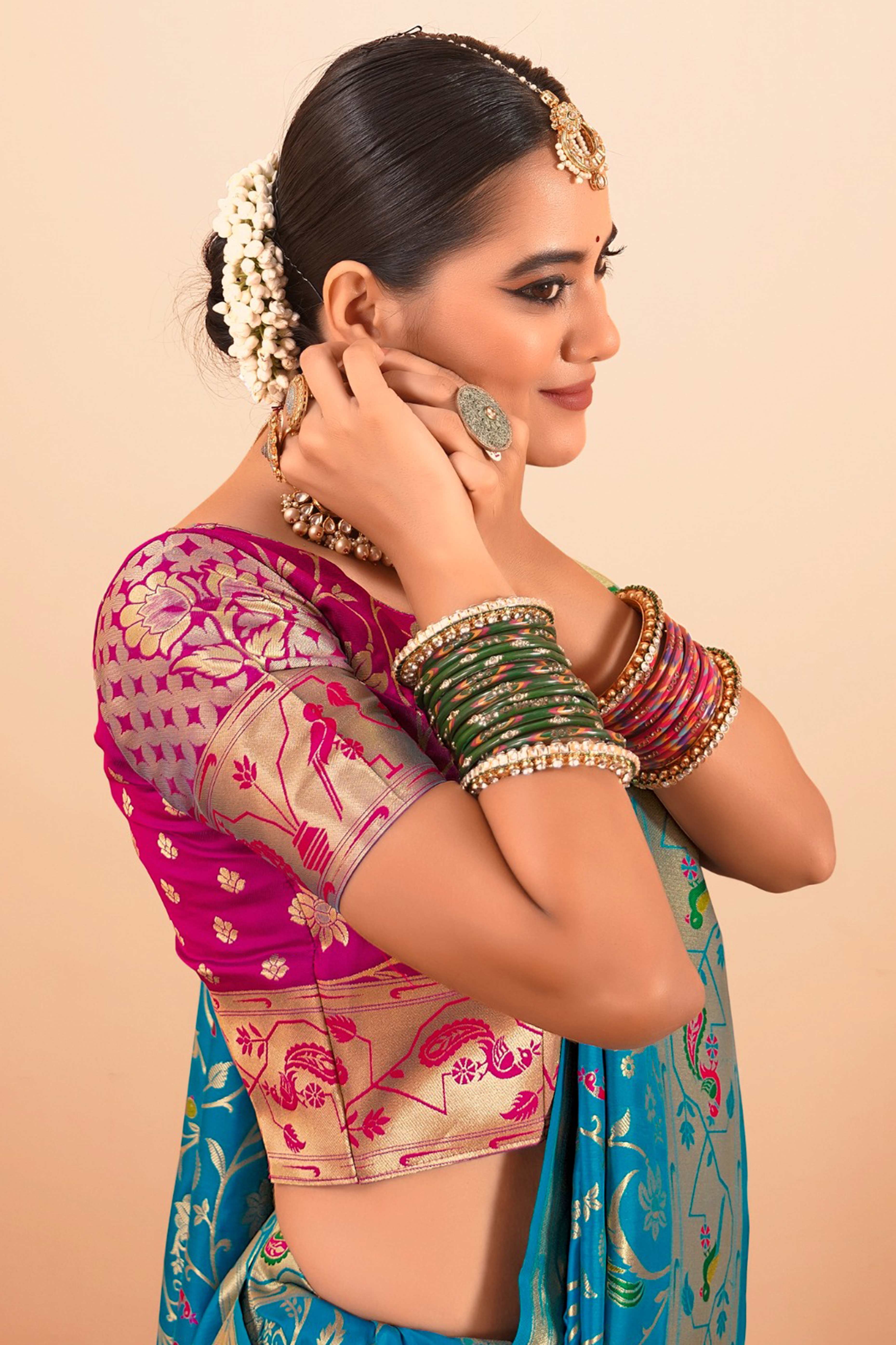 Rama Blue Floral Zari Weaving Pure Silk Paithani Saree