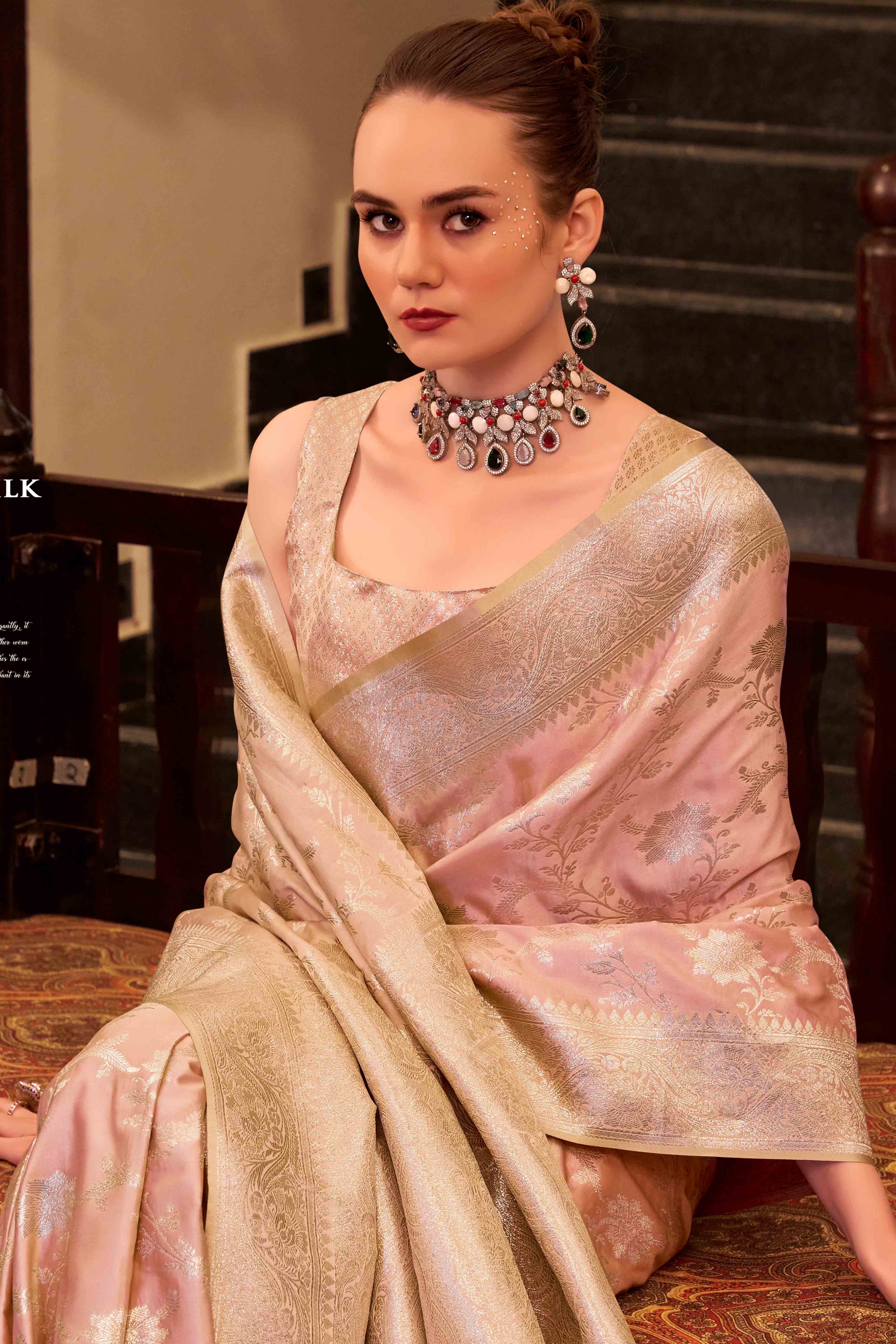 Blush Pink Soft Satin Saree Featuring Exquisite Zari Weaving Work