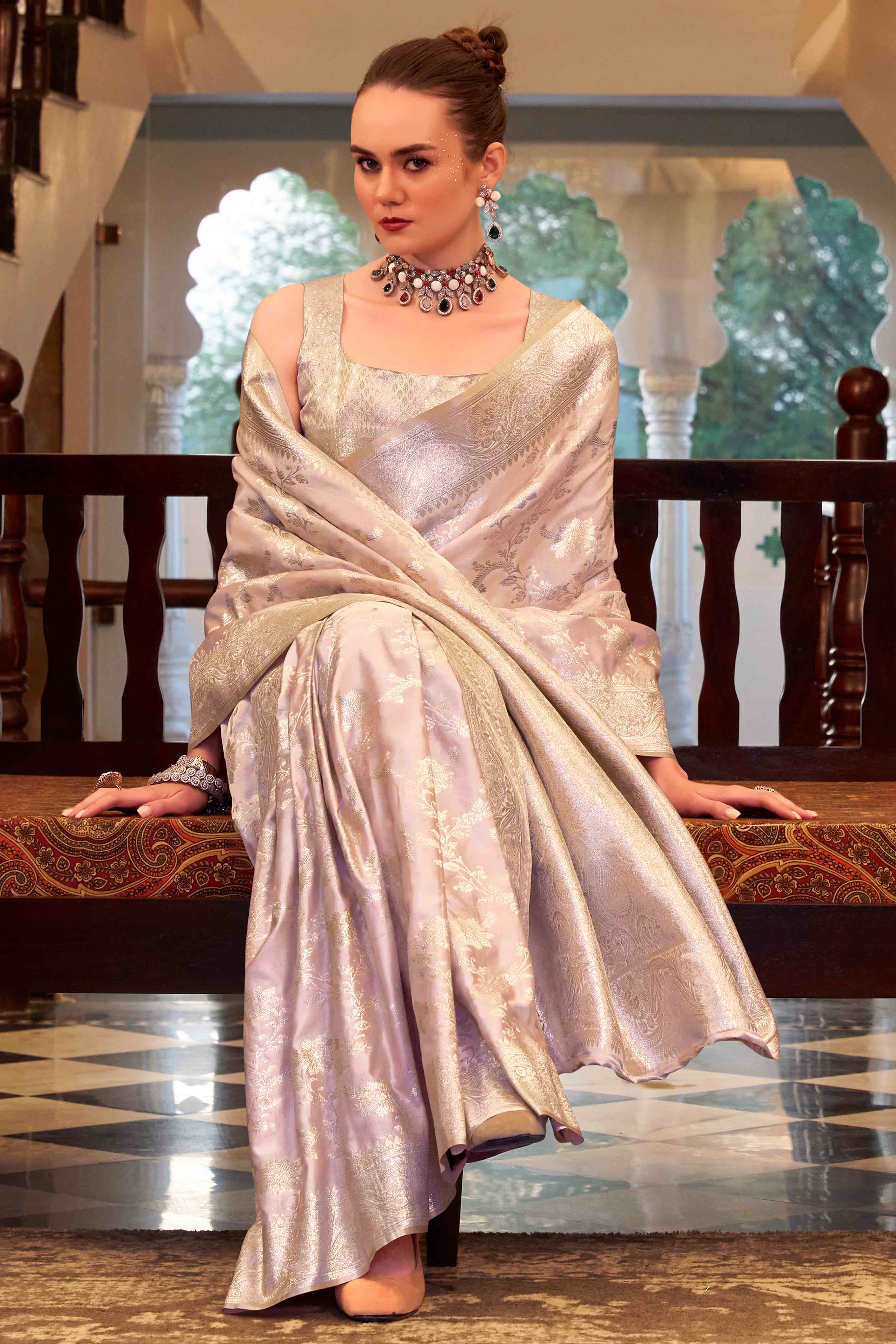 Lavender Soft Satin Saree Featuring Exquisite Zari Weaving Work
