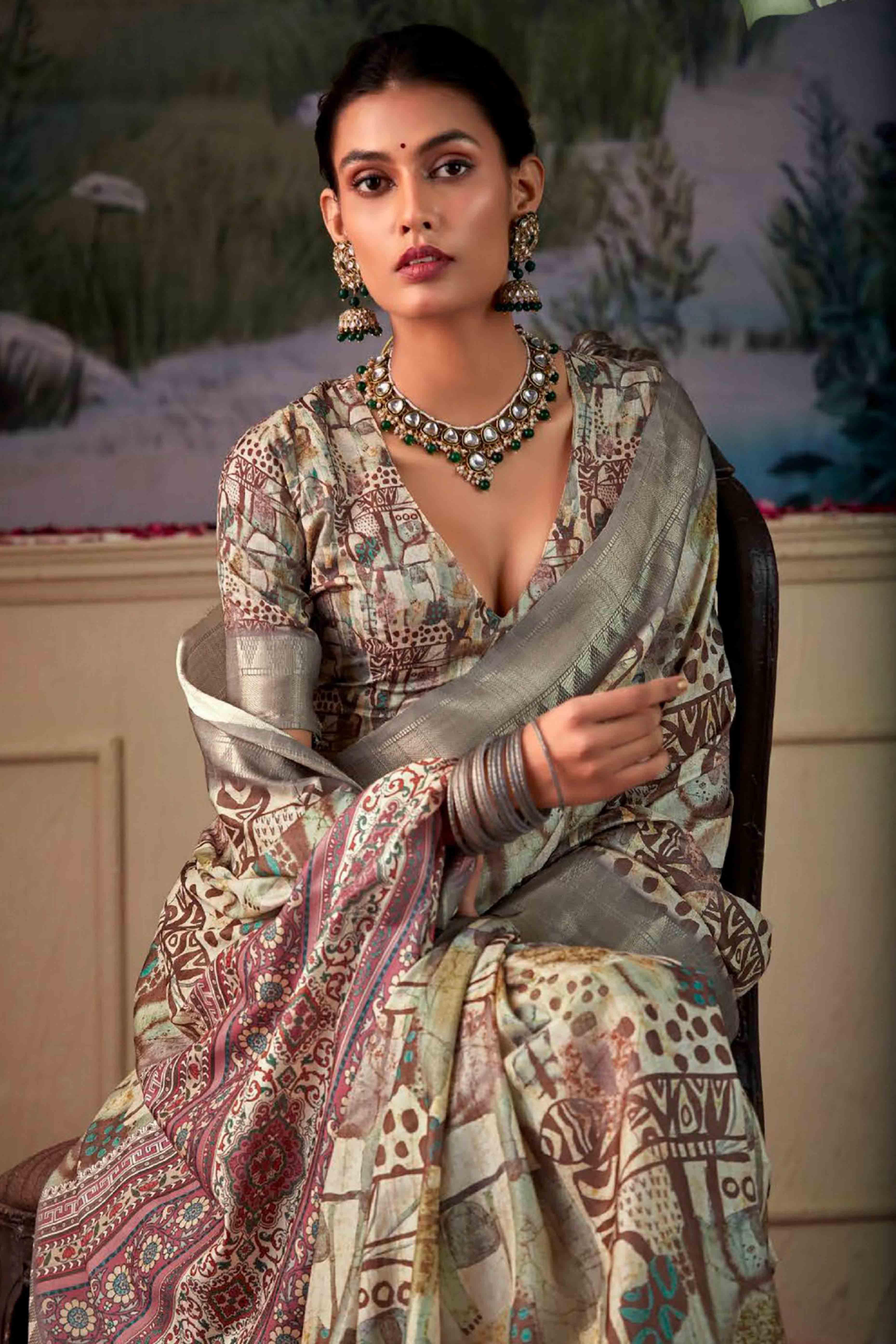 Trendy Digital Printed Silk Blend Saree in Muted Green
