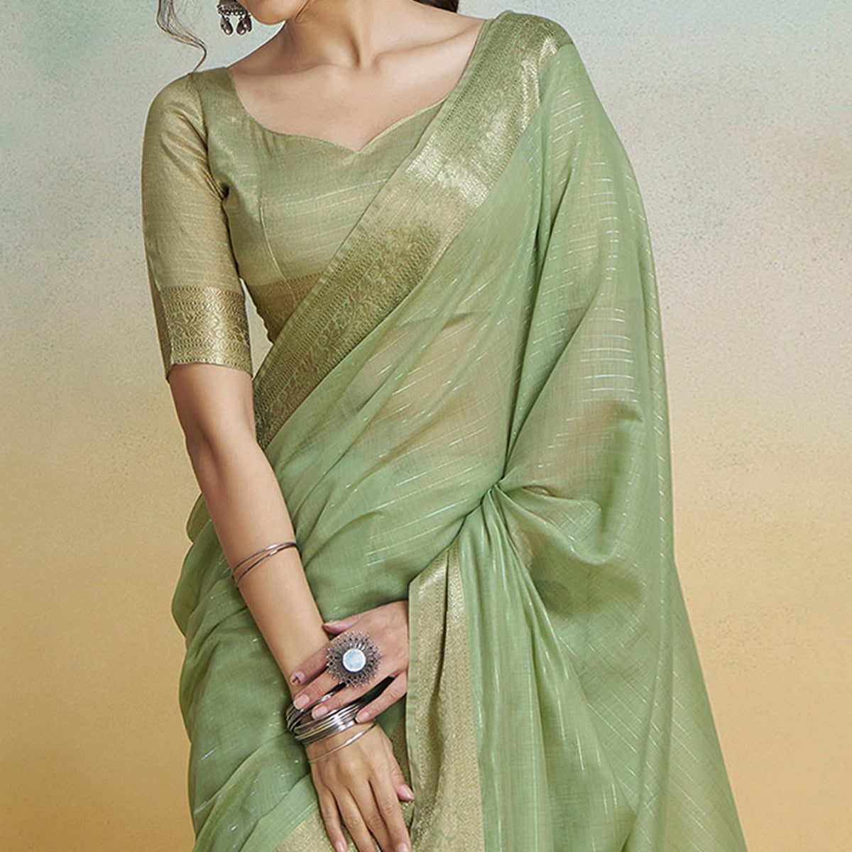 Green Woven Cotton Silk Saree With Tassels