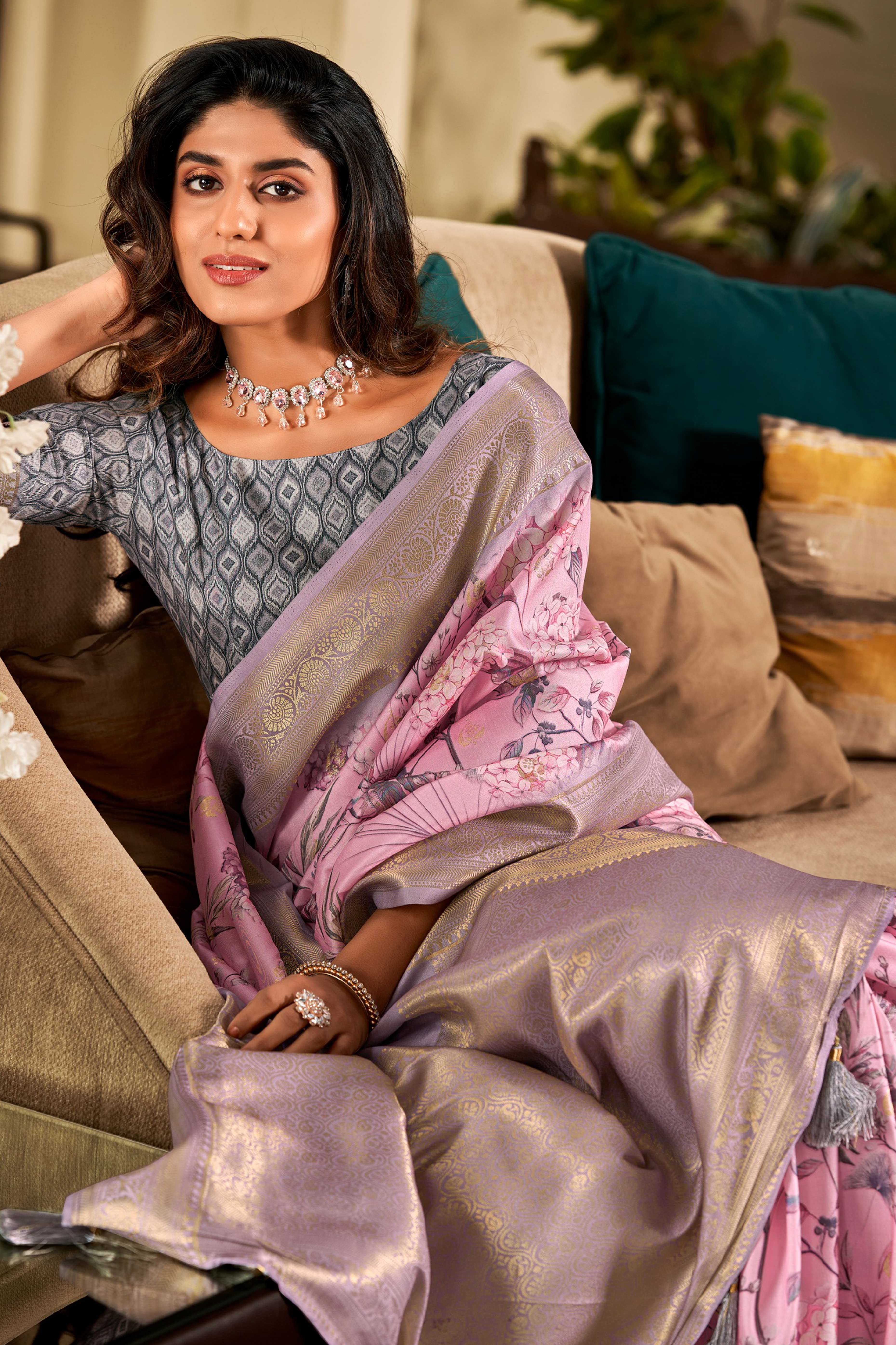 Baby Pink Pure Silk Floral Print With Weaving On Border