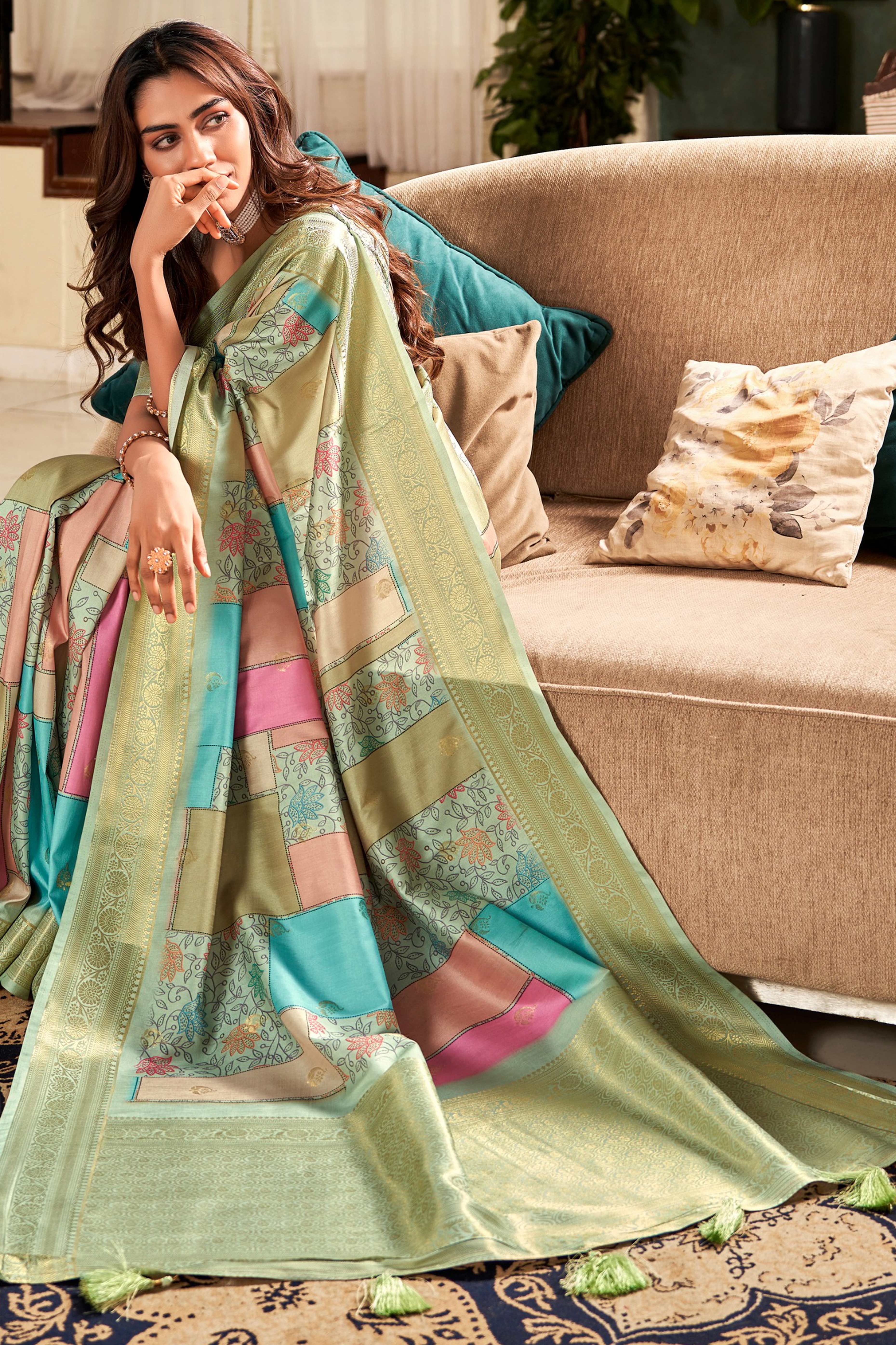 Green Pure Silk Floral Print With Weaving On Border