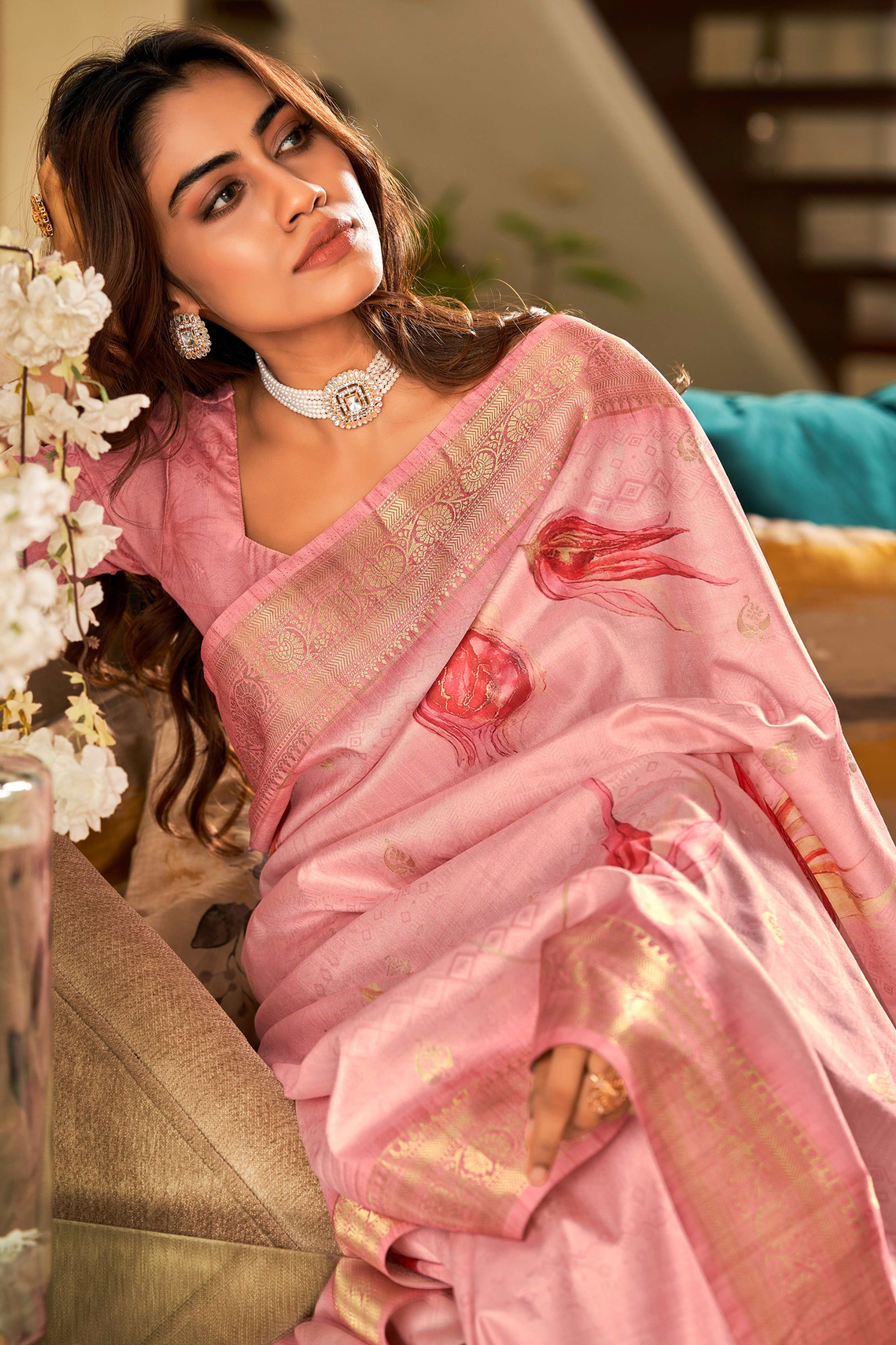 Pink Pure Silk Floral Print With Weaving On Border
