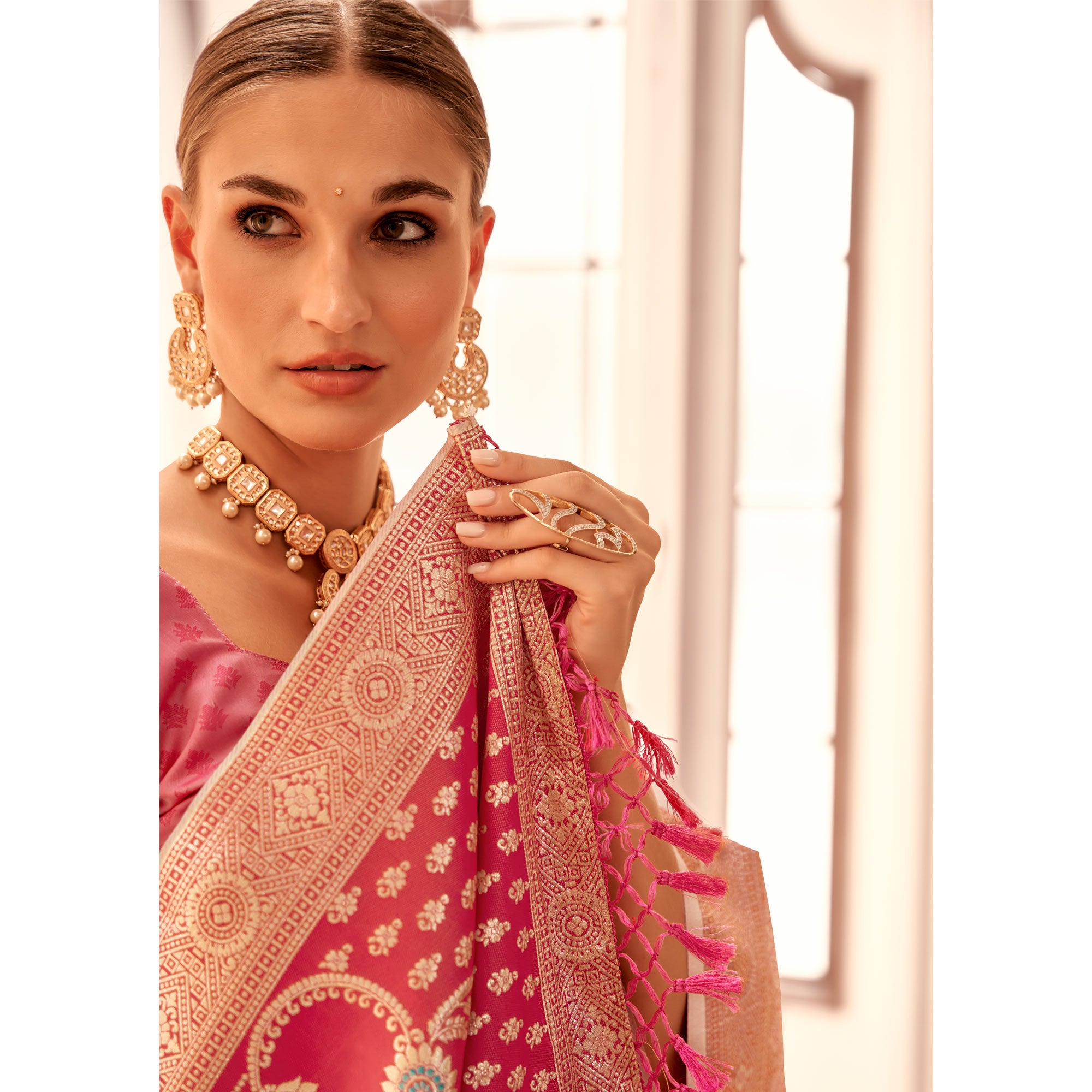 White Floral Woven Banarasi Silk Saree With Tassels