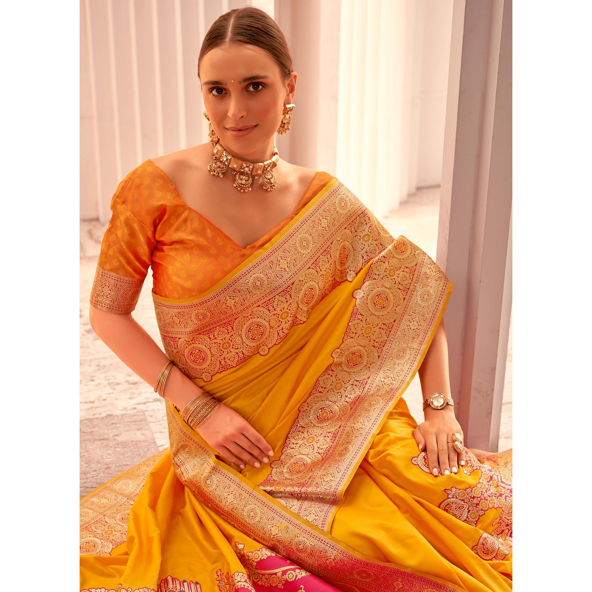 Yellow Floral Woven Banarasi Silk Saree With Tassels