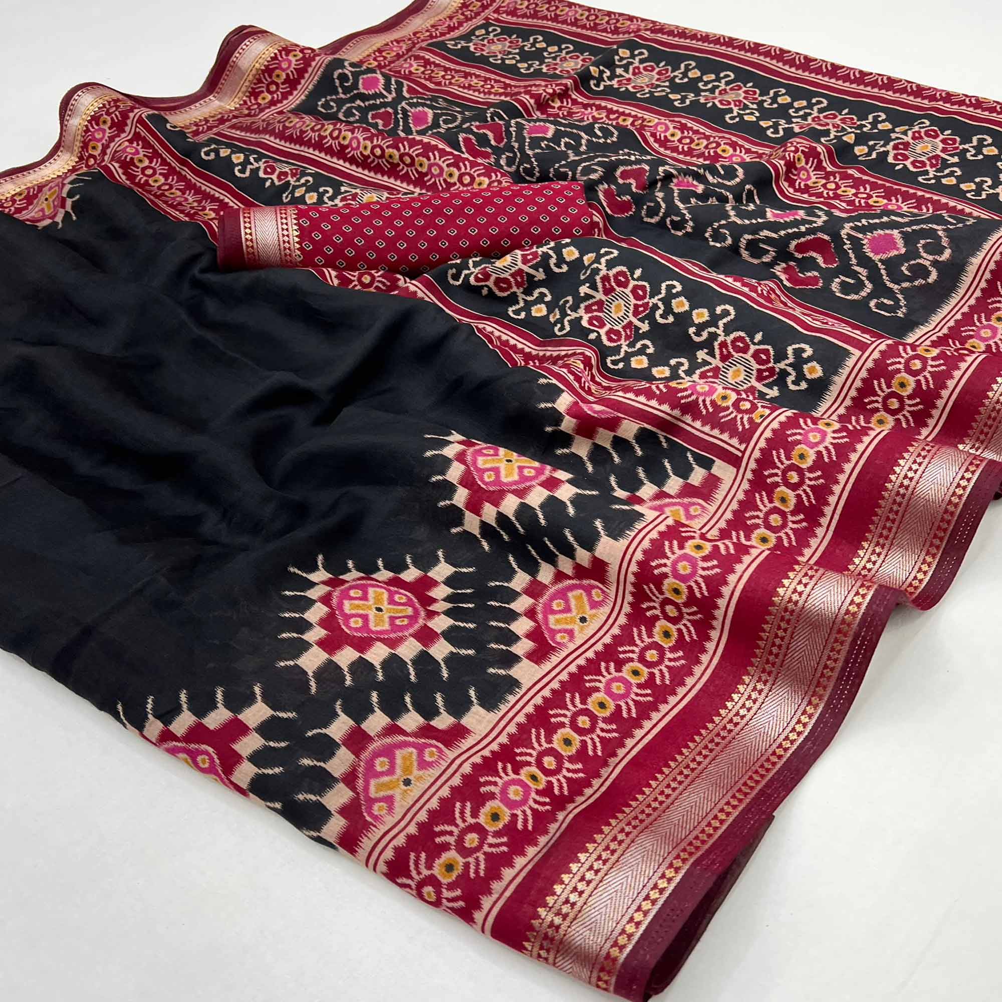 Black Patola Print Mulmul Cotton Saree with Shimmering Zari Trim