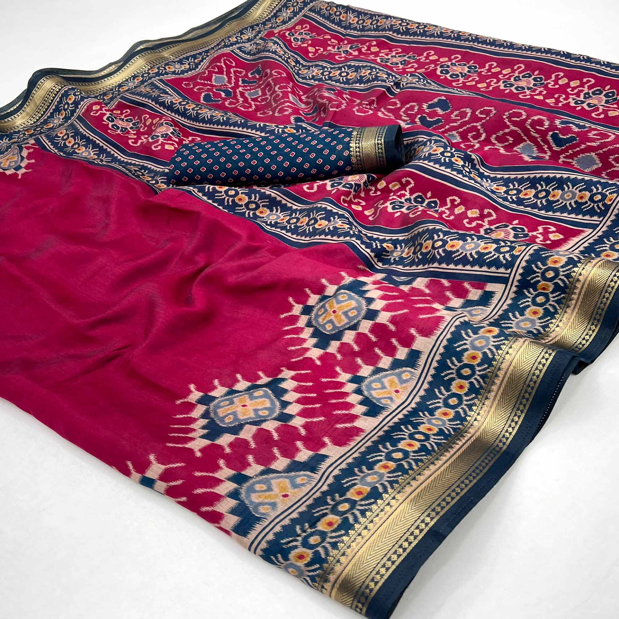 Magenta Patola Print Mulmul Cotton Saree with Shimmering Zari Trim