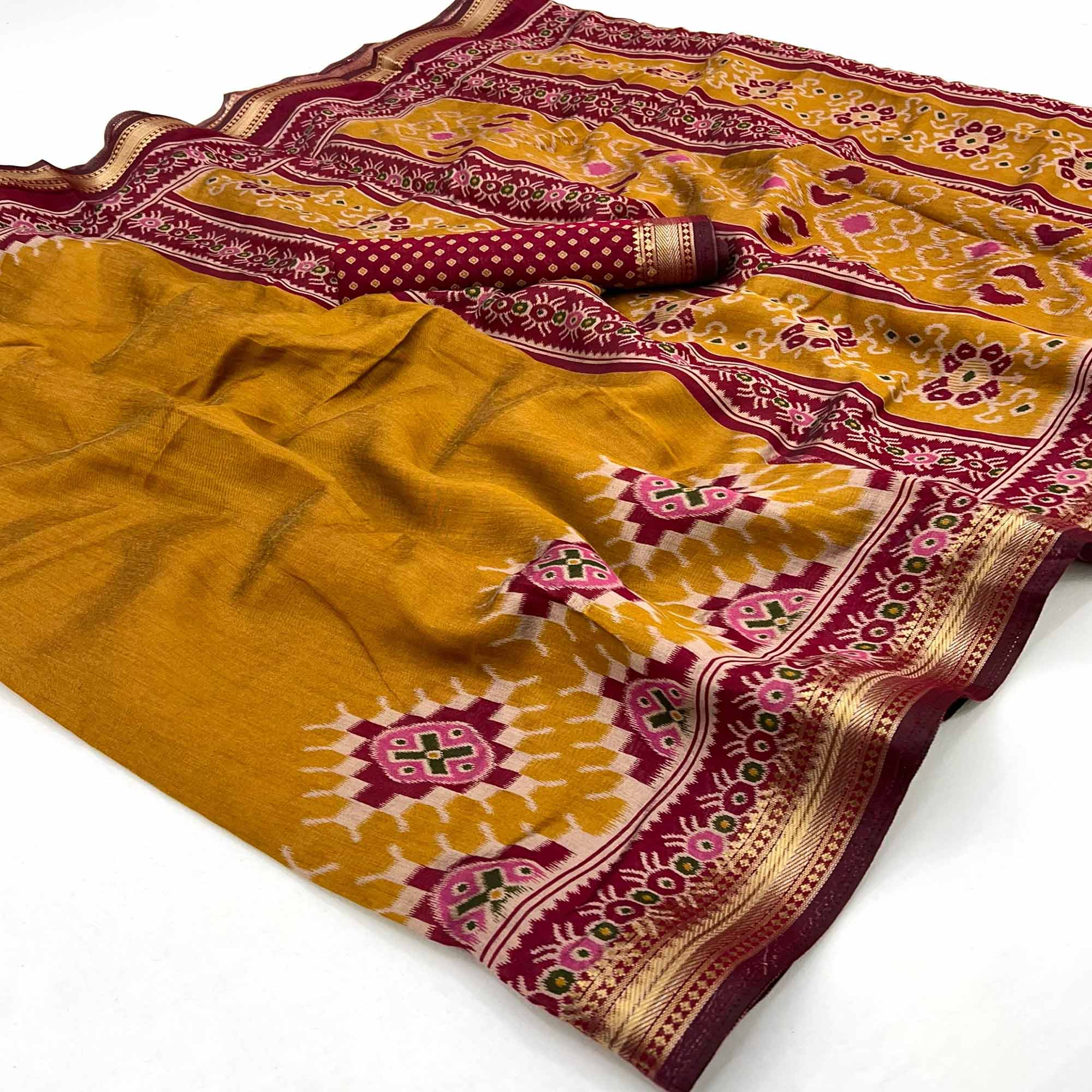 Mustard Patola Print Mulmul Cotton Saree with Shimmering Zari Trim