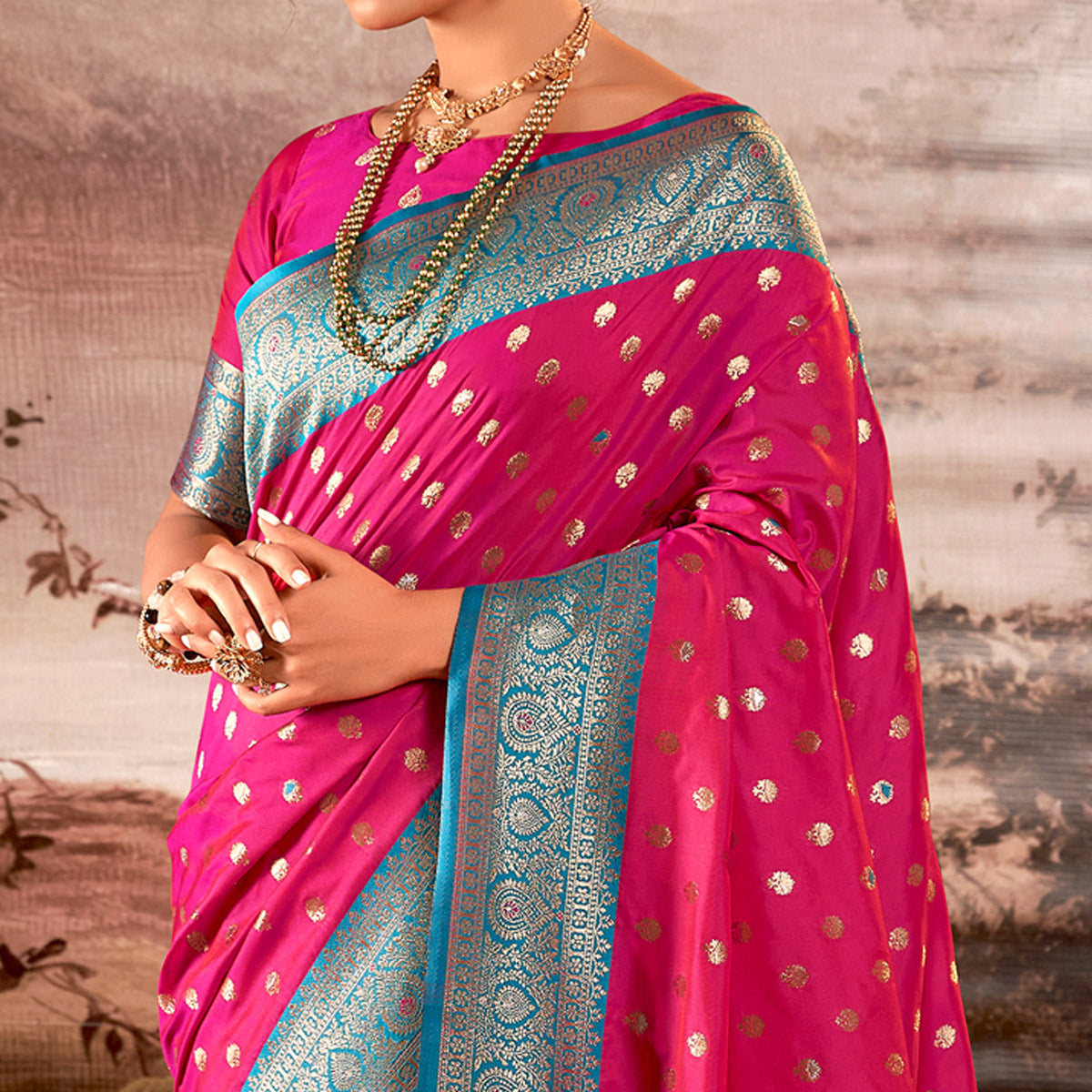 Pink Woven Butti Work Banarasi Silk Saree