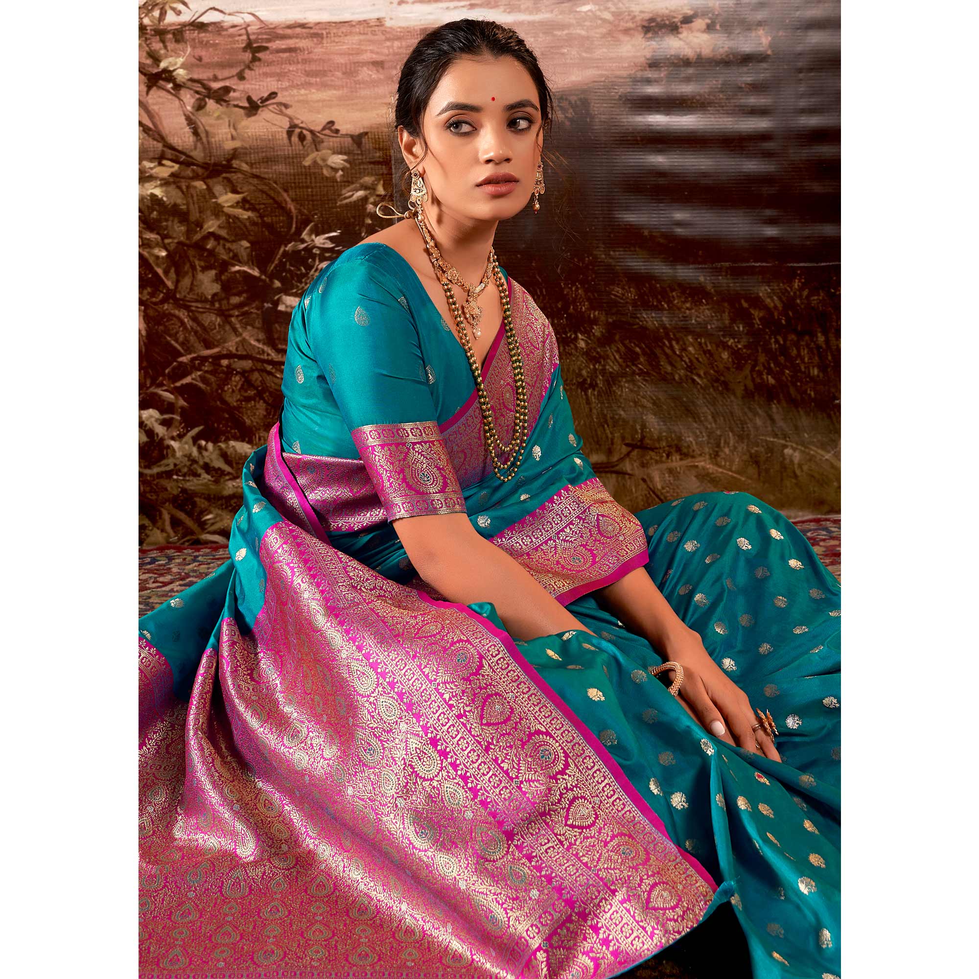 Rama Blue Woven Butti Work Banarasi Silk Saree