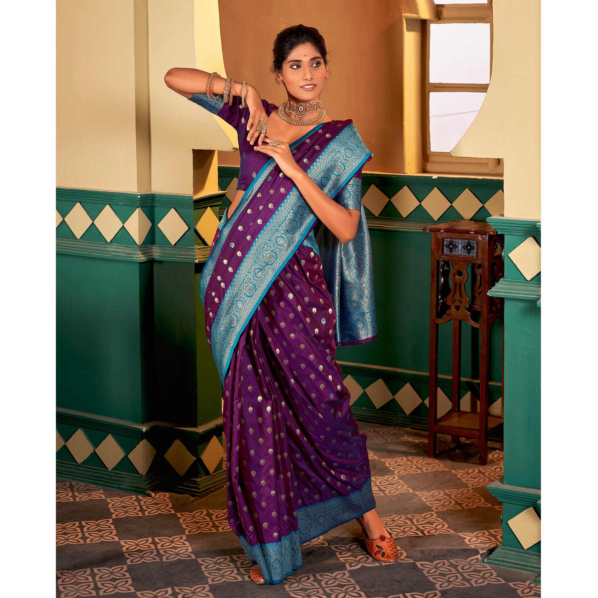 Purple Woven Butti Work Banarasi Silk Saree