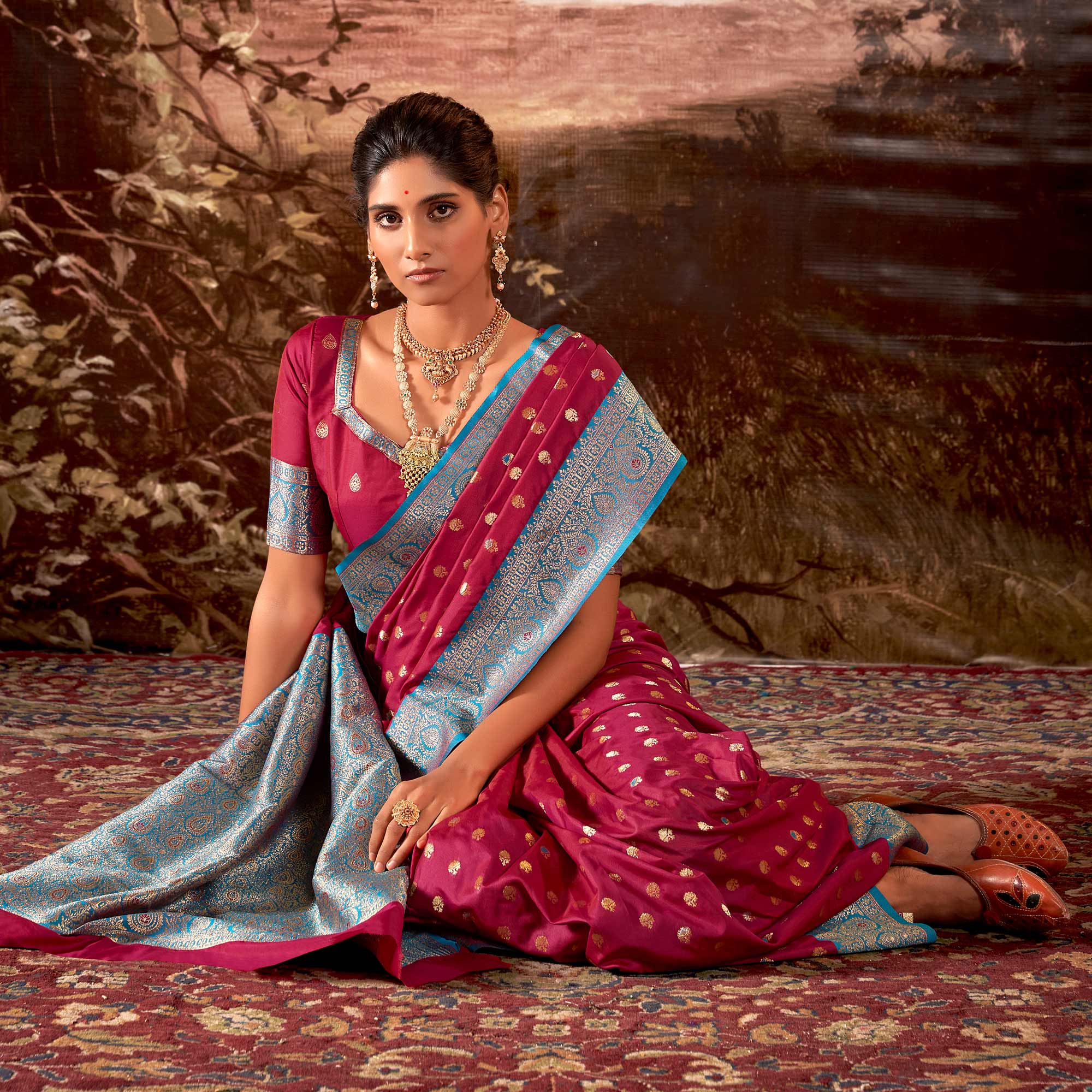 Dark Pink Woven Butti Work Banarasi Silk Saree