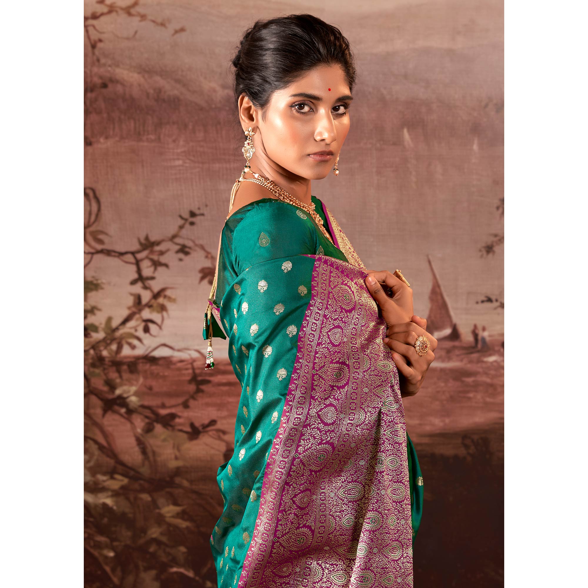 Rama Green Woven Butti Work Banarasi Silk Saree