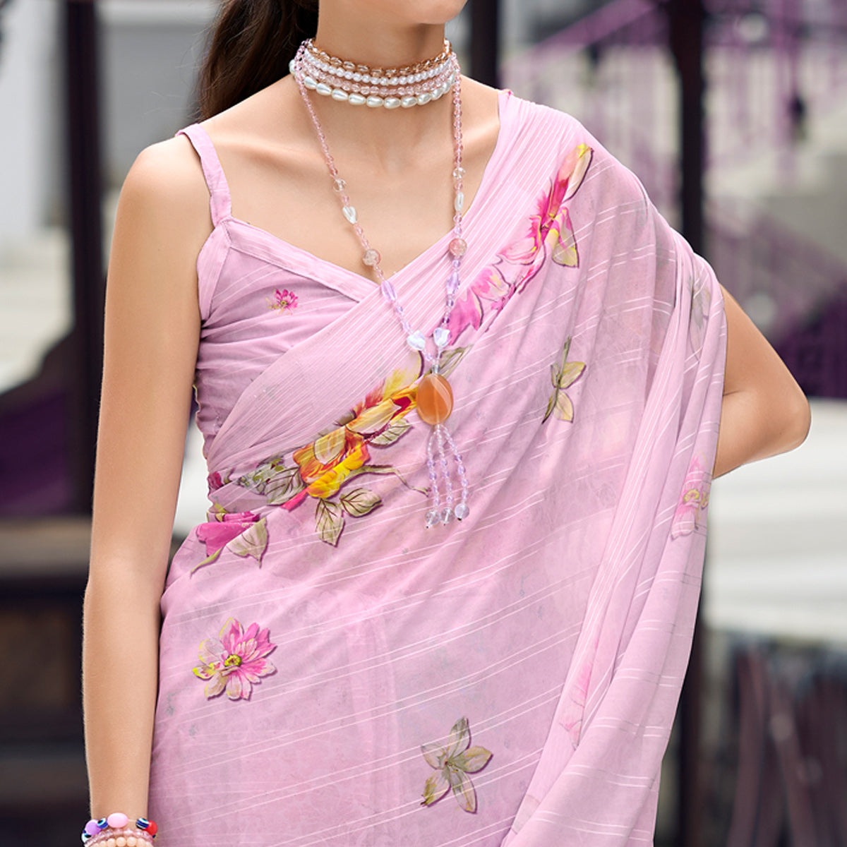 Light Pink Floral Digital Printed Georgette Saree
