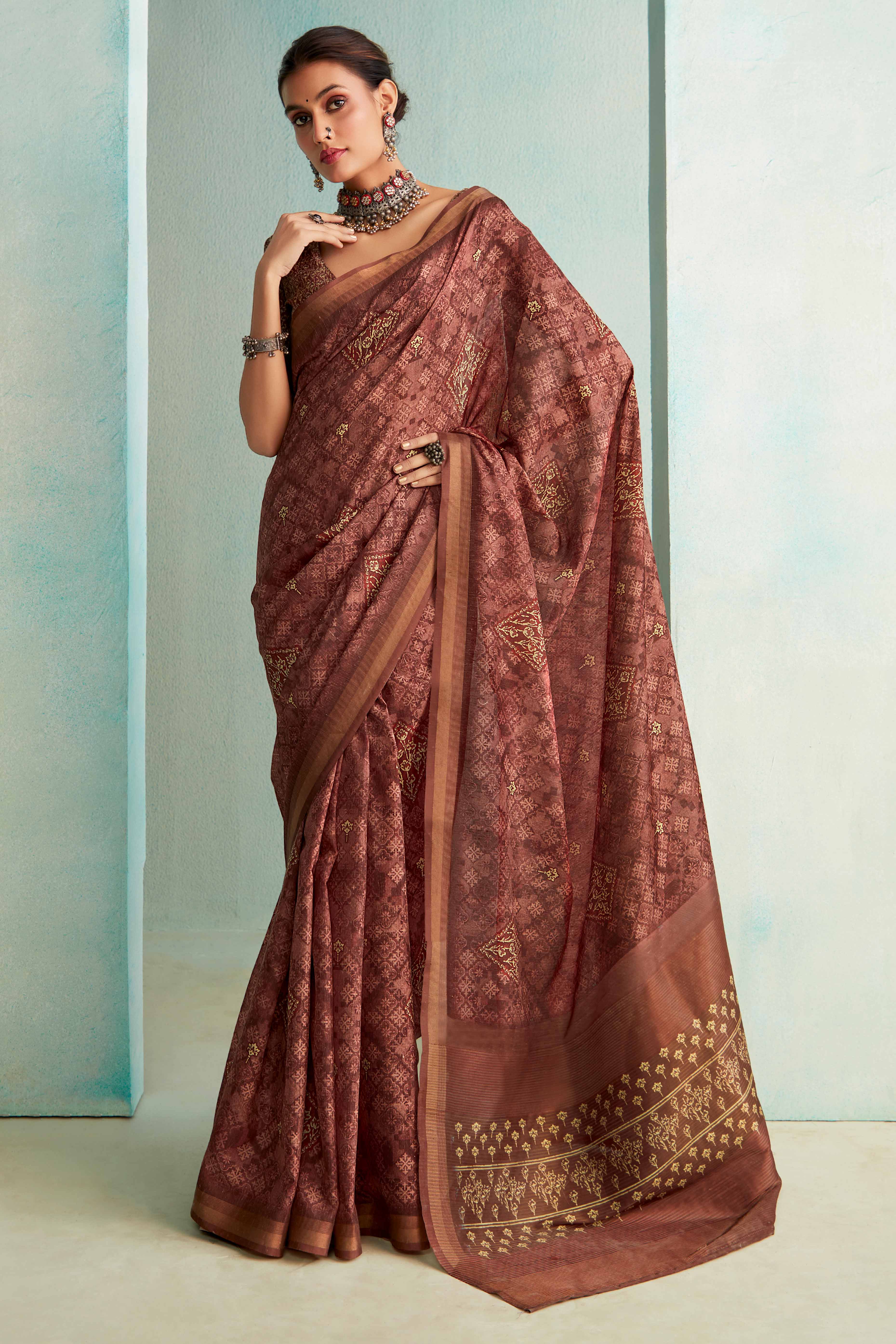 Designer Brown Handloom Saree with Digital Print on Silk Blend Fabric