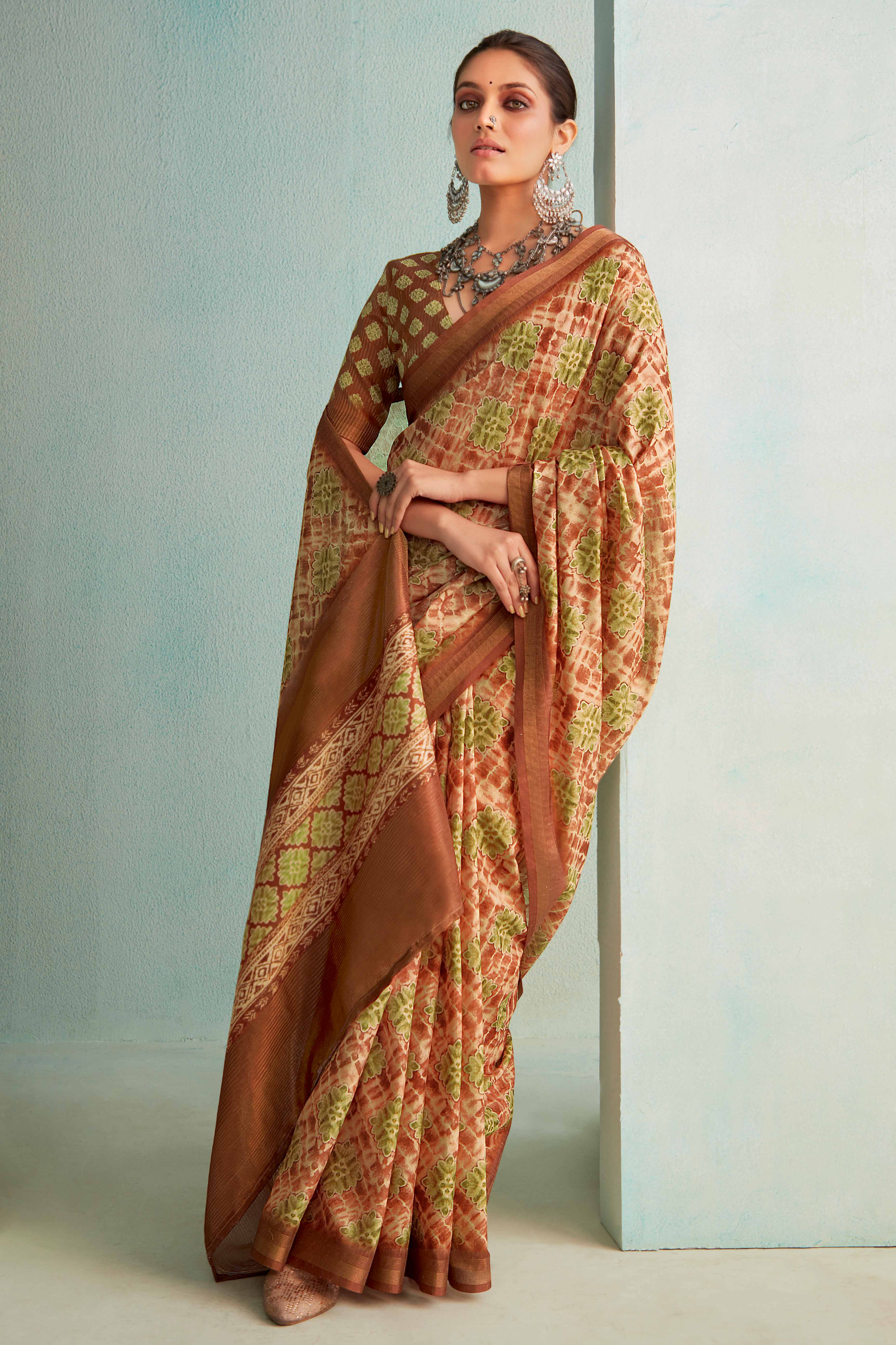 Designer Brown Handloom Saree with Digital Print on Silk Blend Fabric