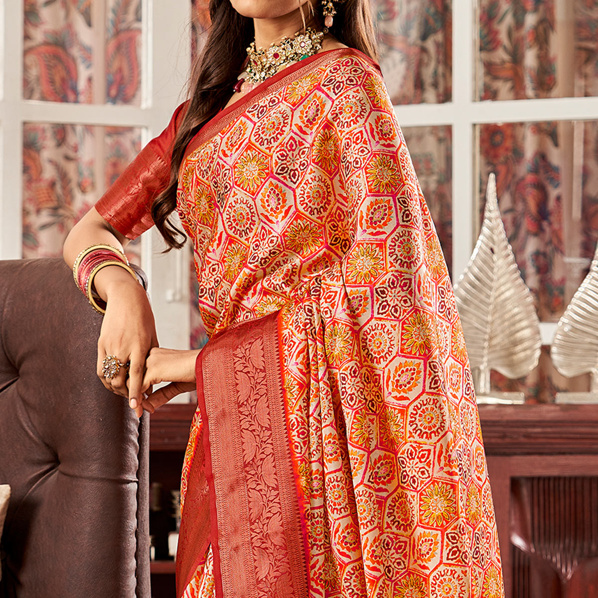 Red & Orange Digital Printed Satin Saree