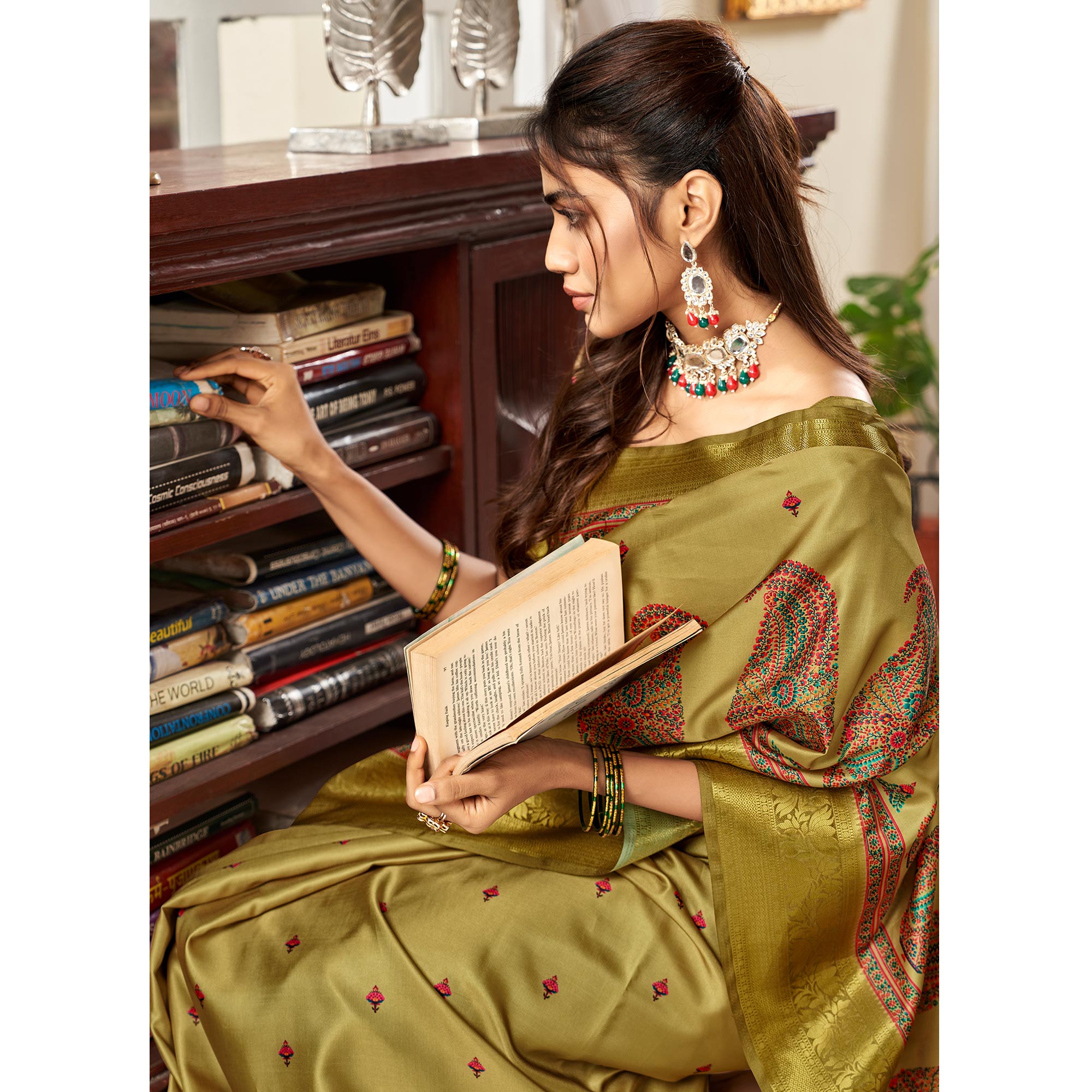 Green Digital Printed Satin Saree