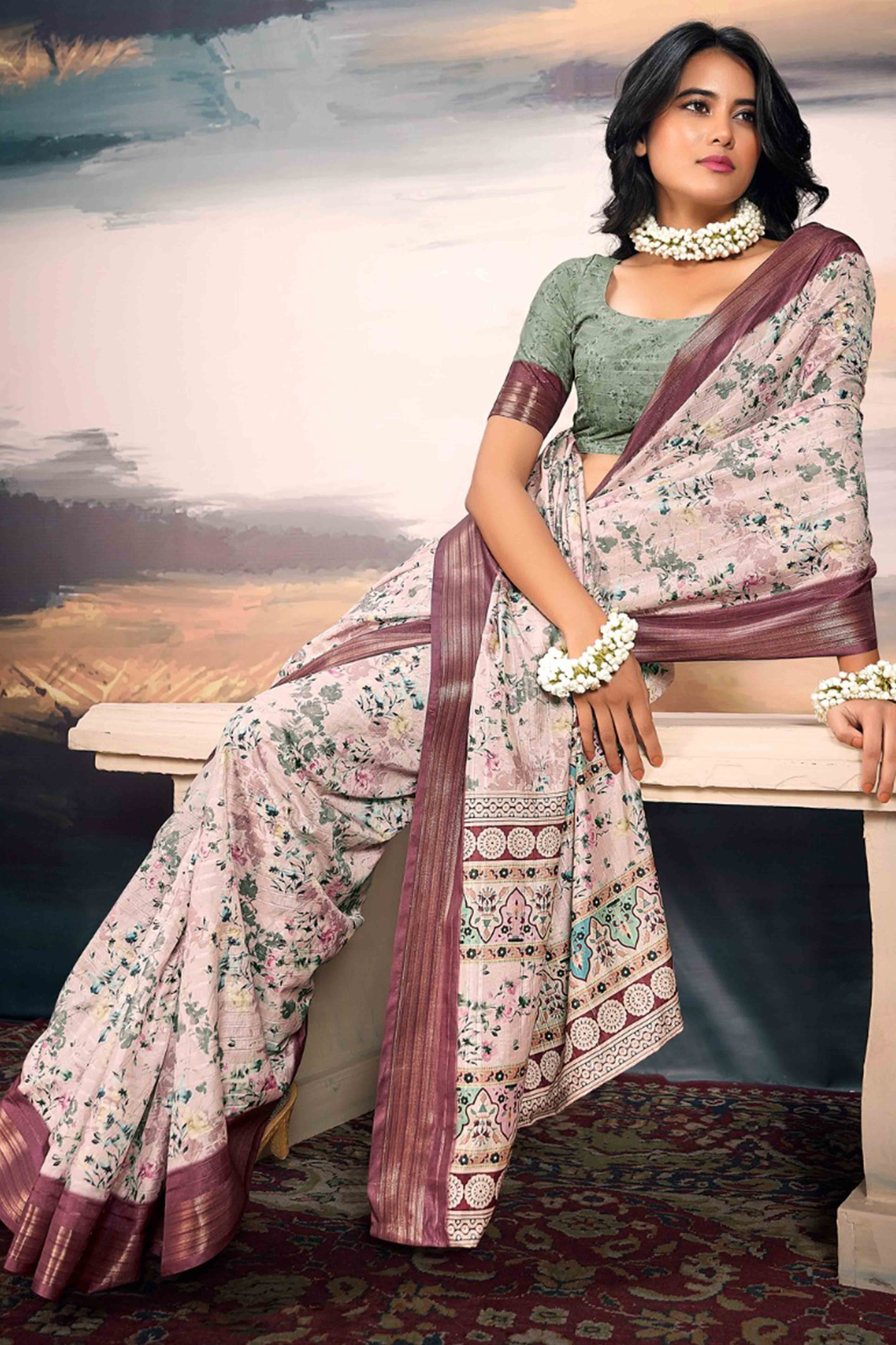 Light Pink Digital Printed Saree in Soft Cotton Silk Fabric