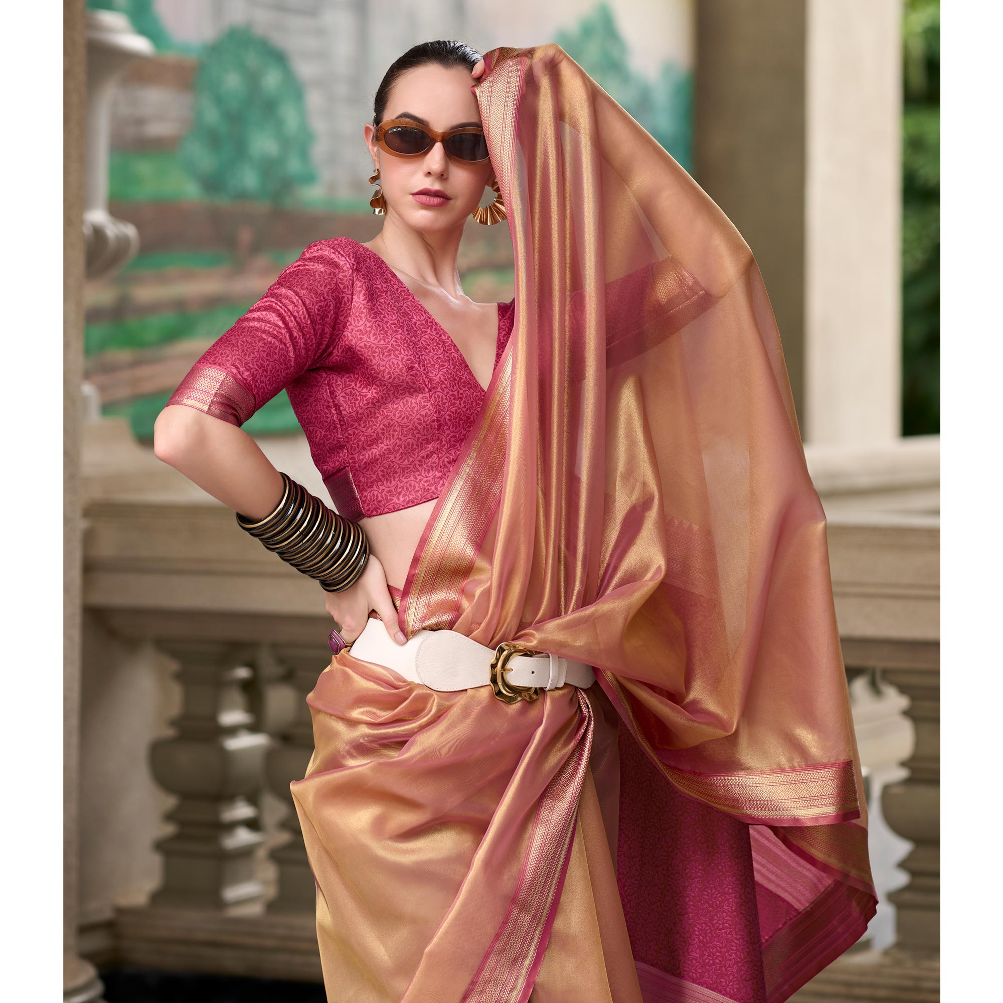 Peach Woven Tissue Silk Saree With Tassels