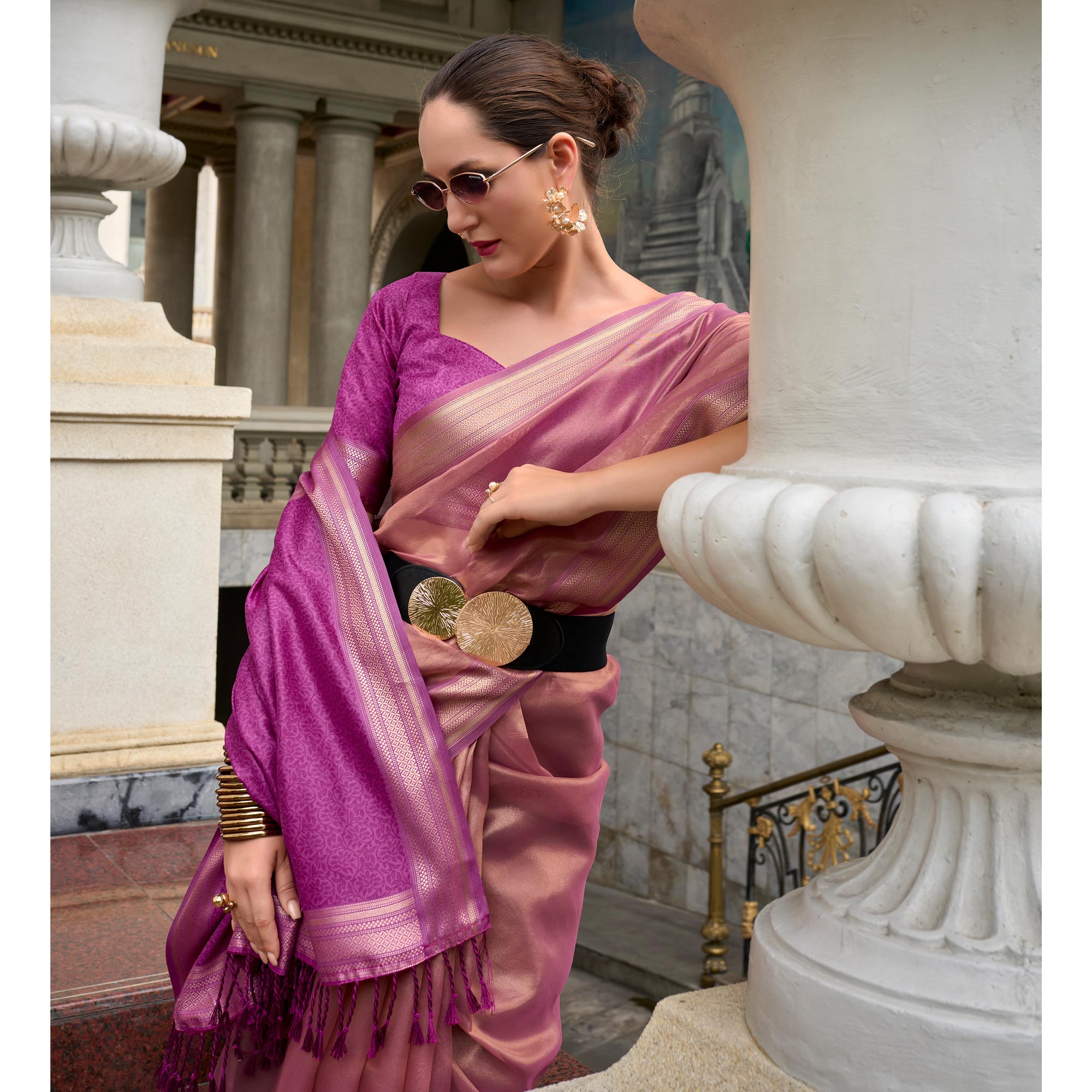 Light Mauve Woven Tissue Silk Saree With Tassels