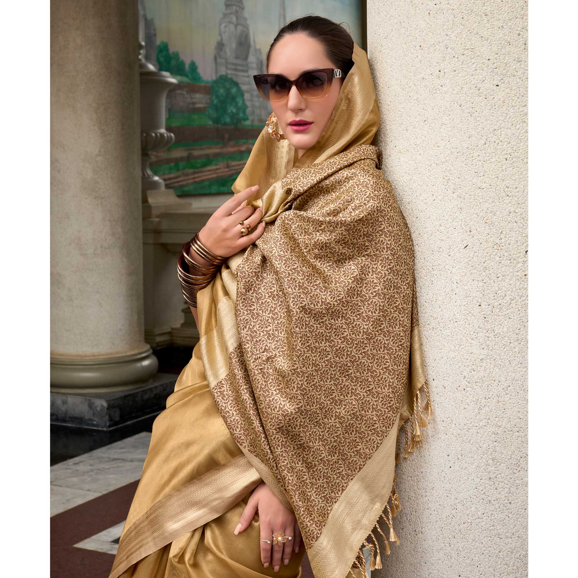 Chikoo Woven Tissue Silk Saree With Tassels